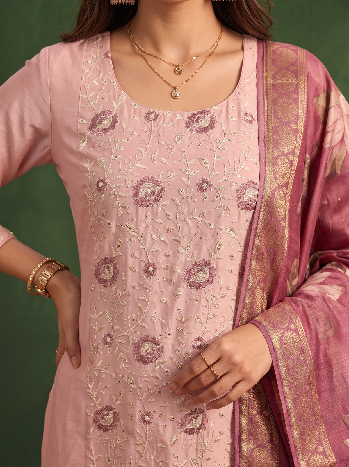Buy Viscose Embroidered Flared Calf Length Kurta With Pant and Dupatta-Peach