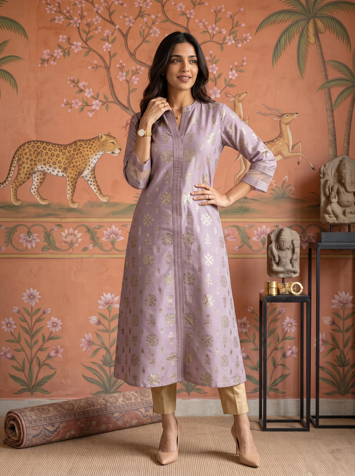 Buy Rayon Printed A-Line Calf Length Kurta-Lavender