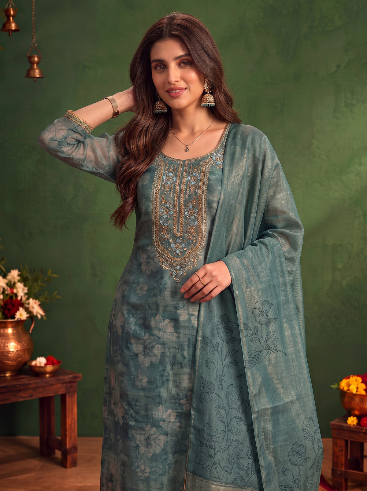 Buy Viscose Embroidered Straight Calf Length Kurta With Pant and Dupatta-Green