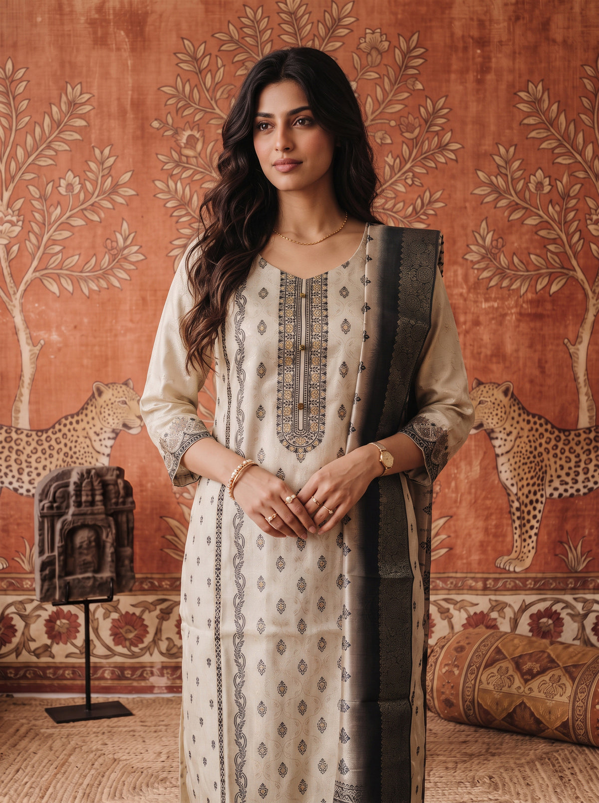 Buy Jacquard Self Design Straight Calf Length Kurta With Pant and Dupatta-Cream