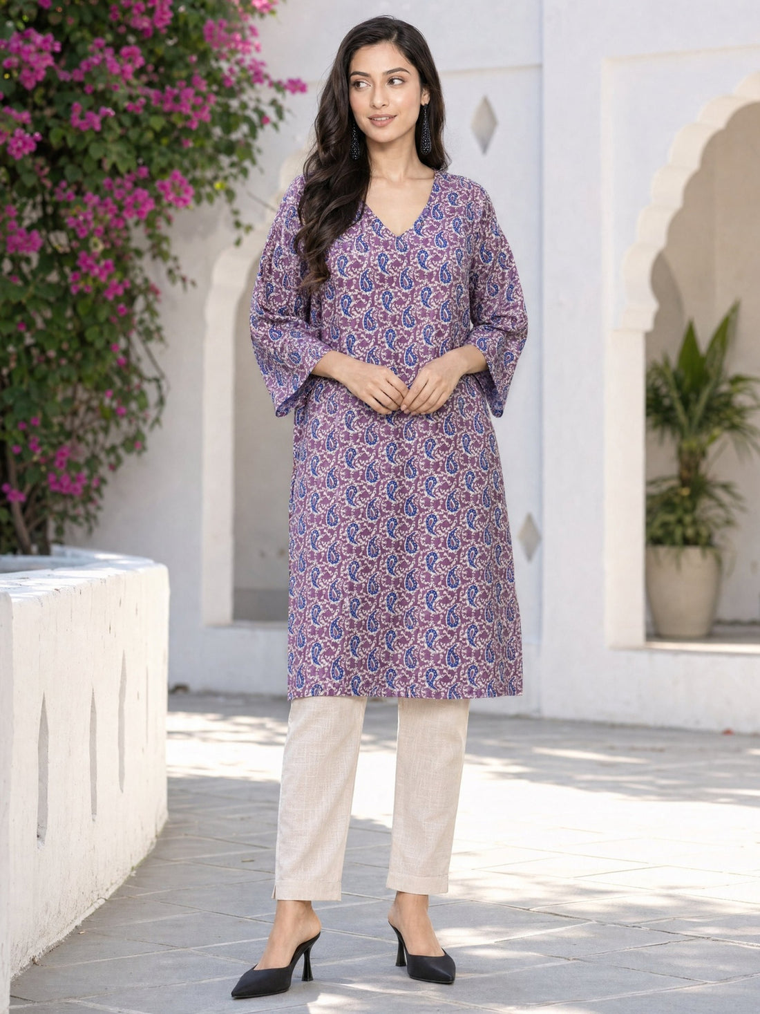 Buy Cotton Printed Straight Knee Length Kurta-Purple