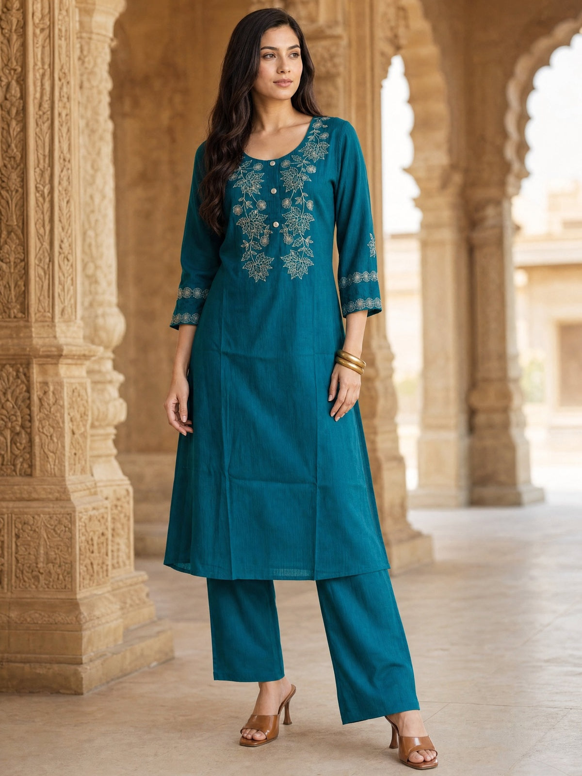 Buy Viscose Embroidered Straight Calf Length Kurta With Pant-Turquoise