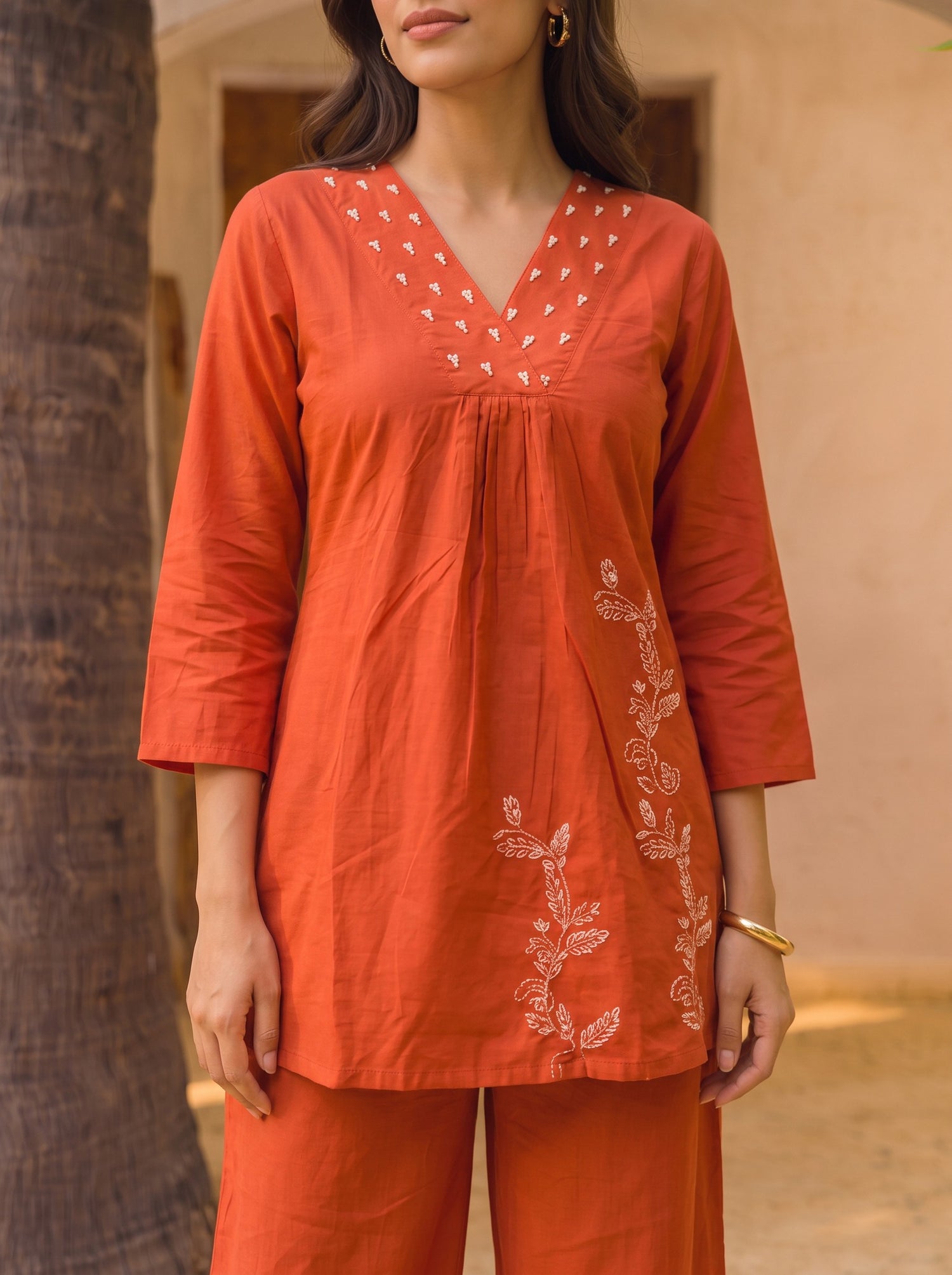Buy Cotton Embroidered Straight Co-Ord Set-Rust
