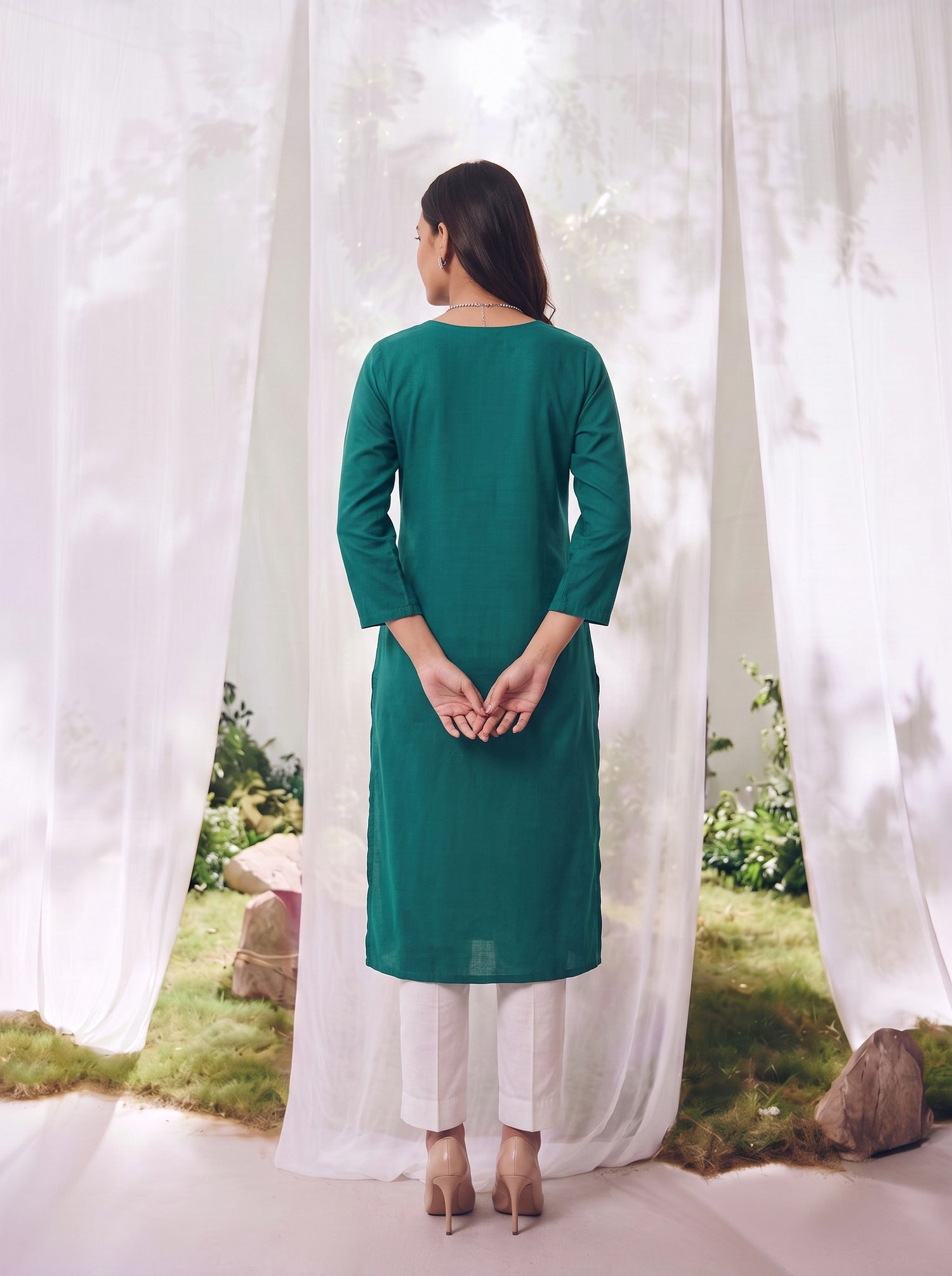 Buy Rayon Embroidered Straight Knee Length Kurta-Teal