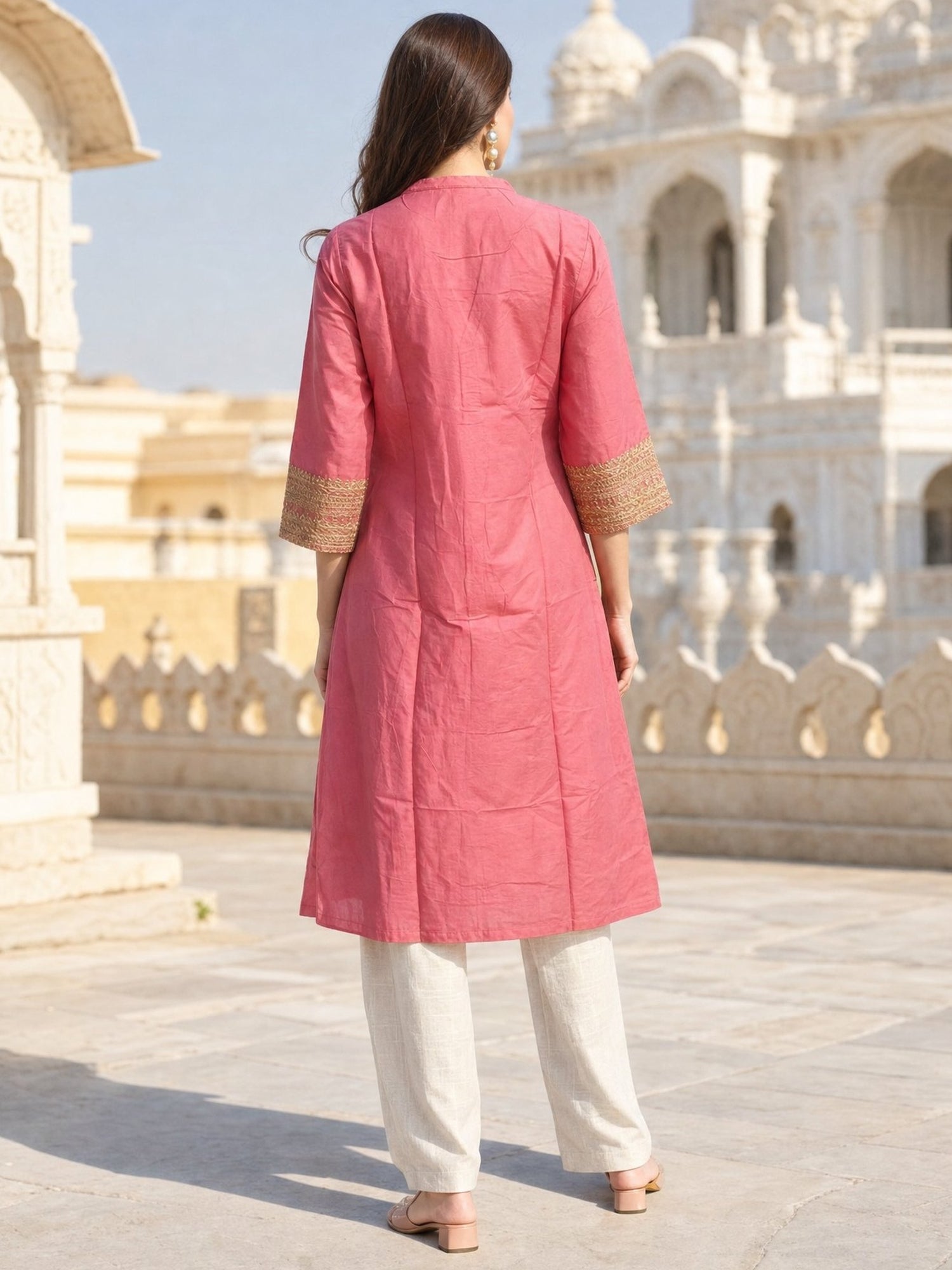 Buy Viscose Embroidered A-Line Calf Length Kurta-Pink