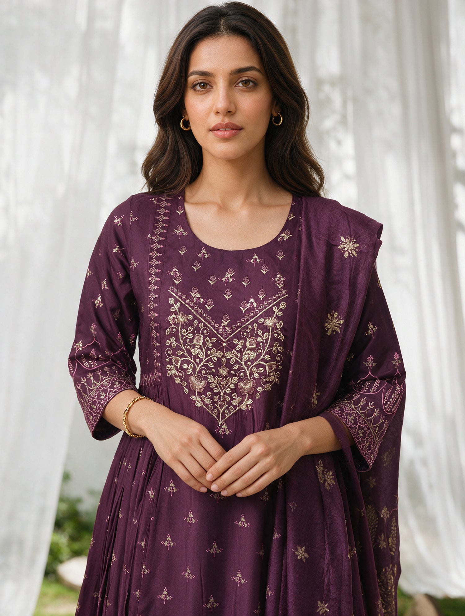 Buy Viscose Embroidered Flared Calf Length Kurta With Pant and Dupatta-Wine