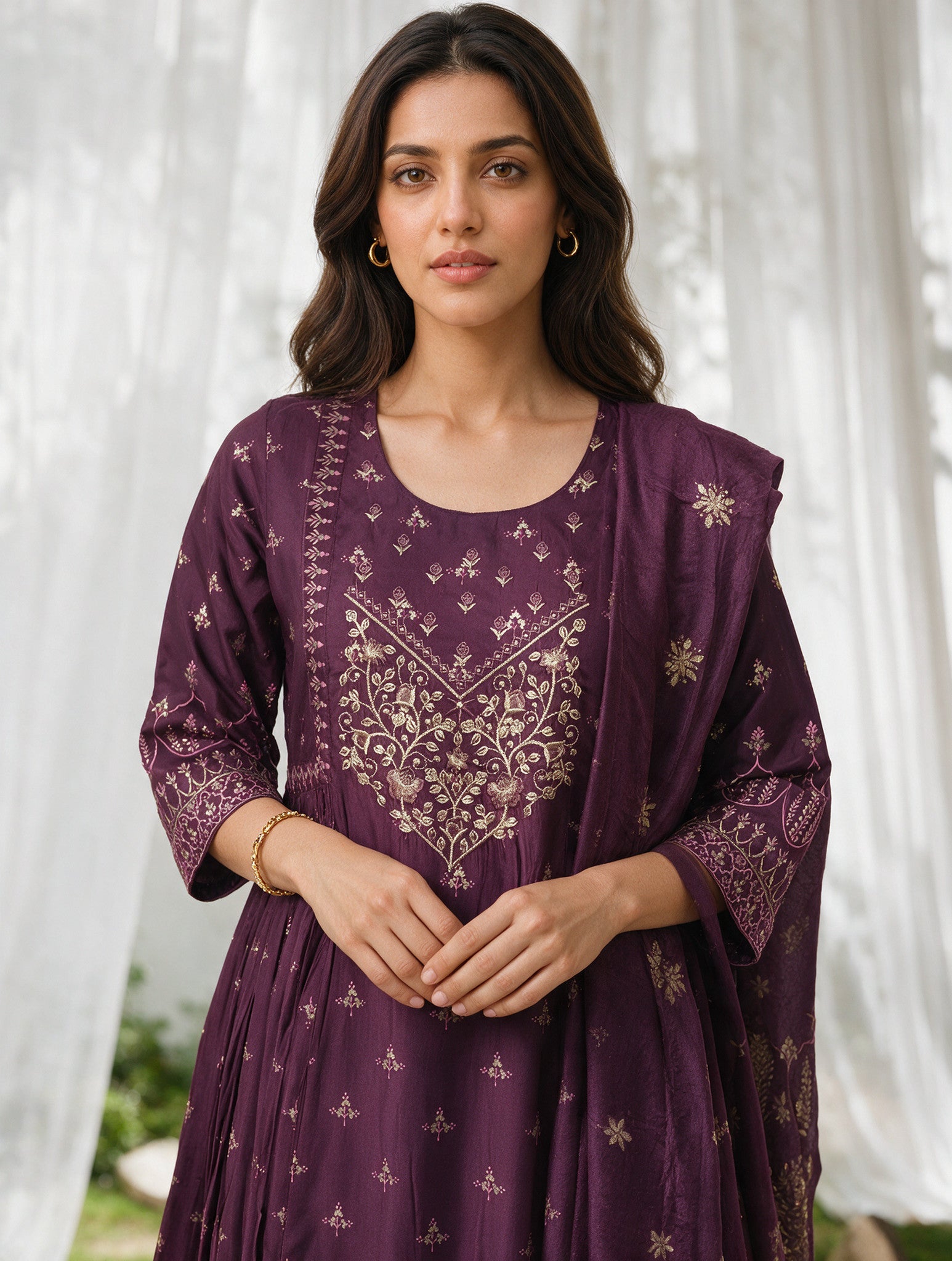 Viscose Embroidered Flared Calf Length Kurta With Pant and Dupatta