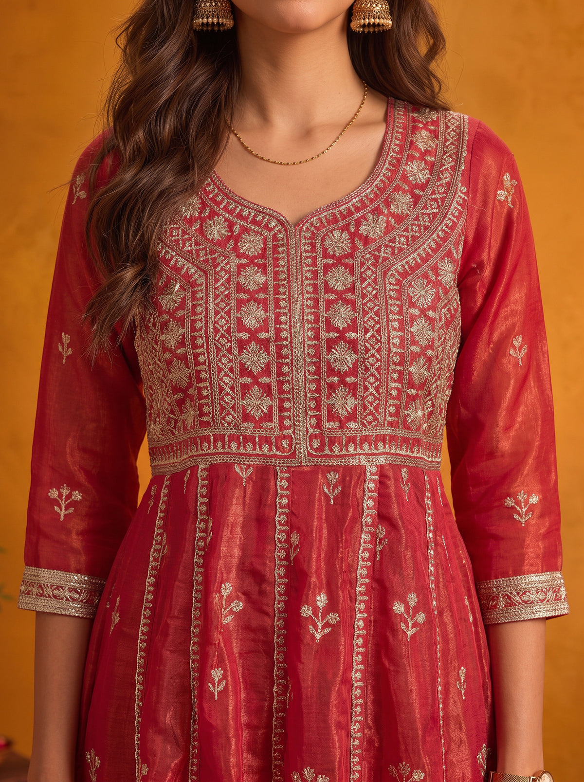 Buy Viscose Embroidered Flared Calf Length Kurta With Pant and Dupatta-Fuchsia