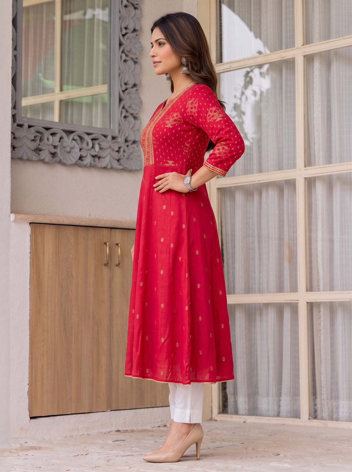 Rayon Embroidered Flared Calf Length Kurta