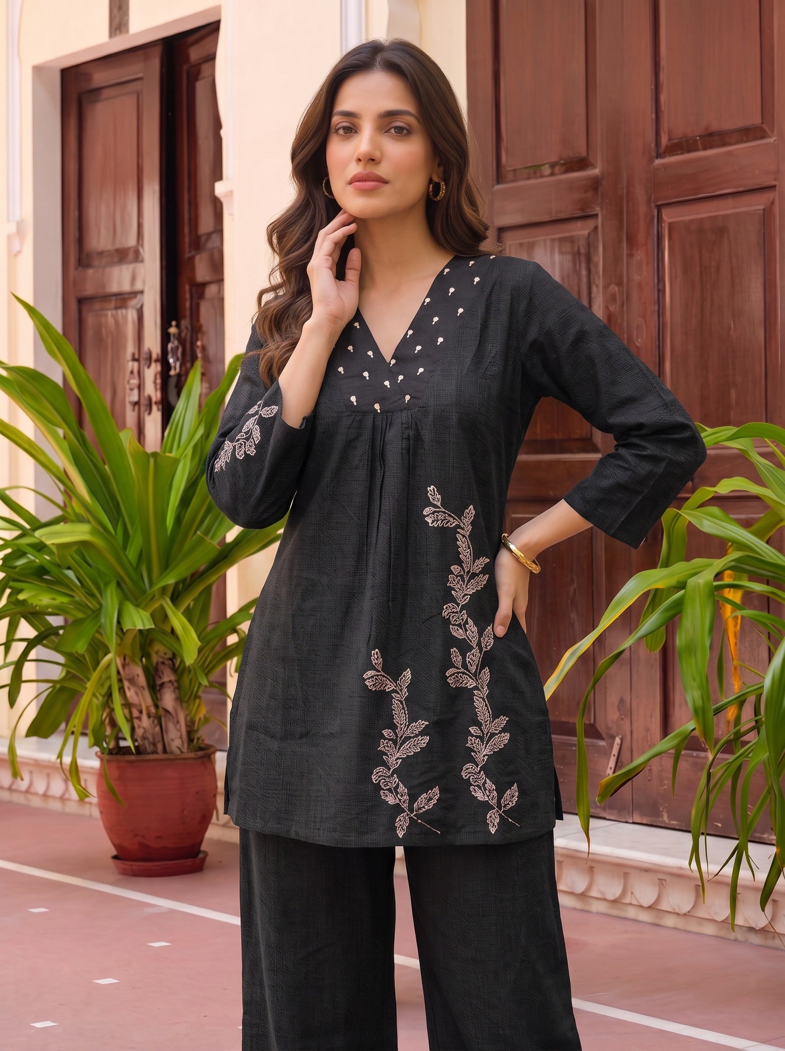 Cotton Embroidered Straight Co-Ord Set