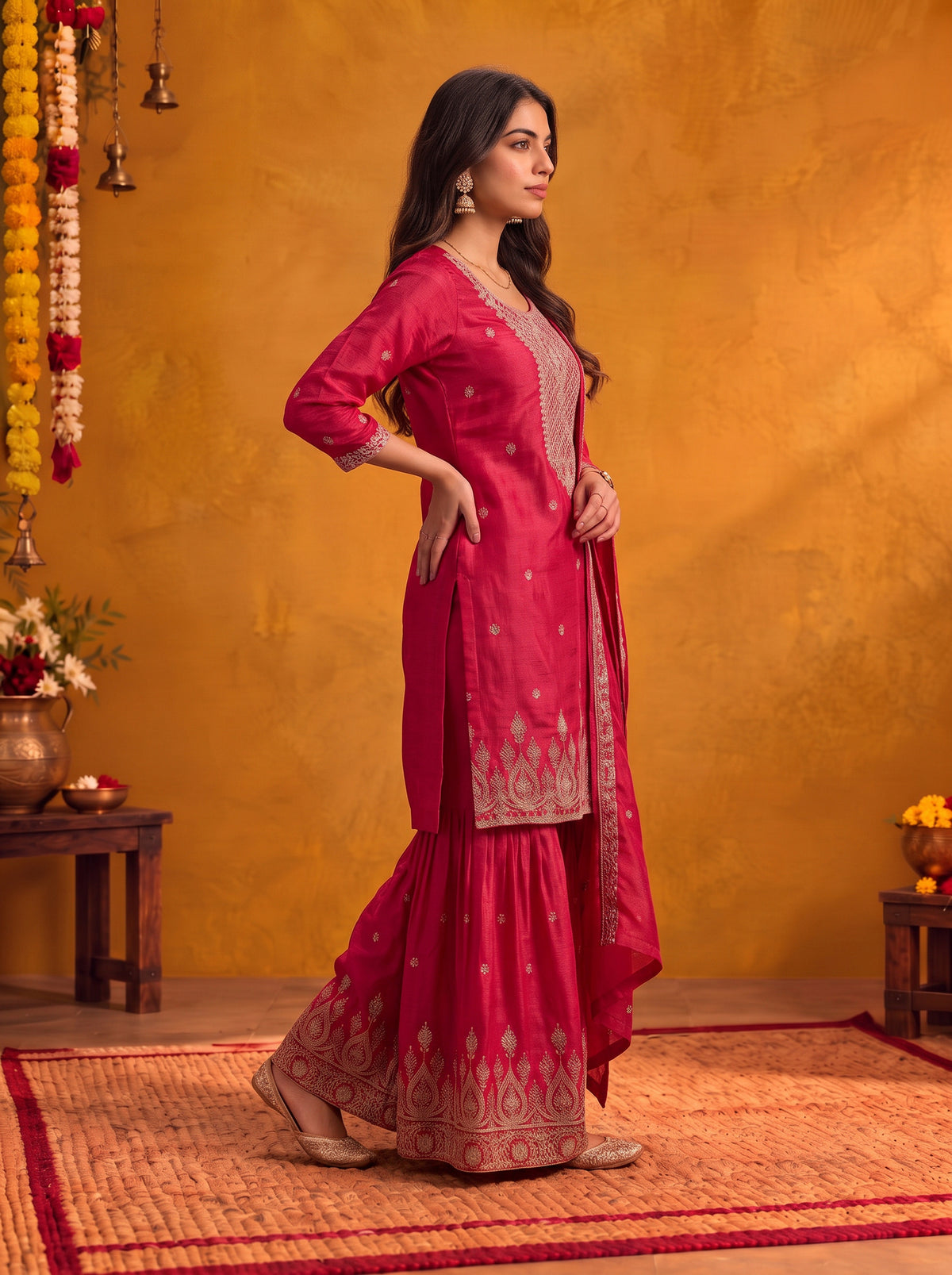 Buy Viscose Embroidered Straight Knee Length Kurta With Pant and Dupatta-Red