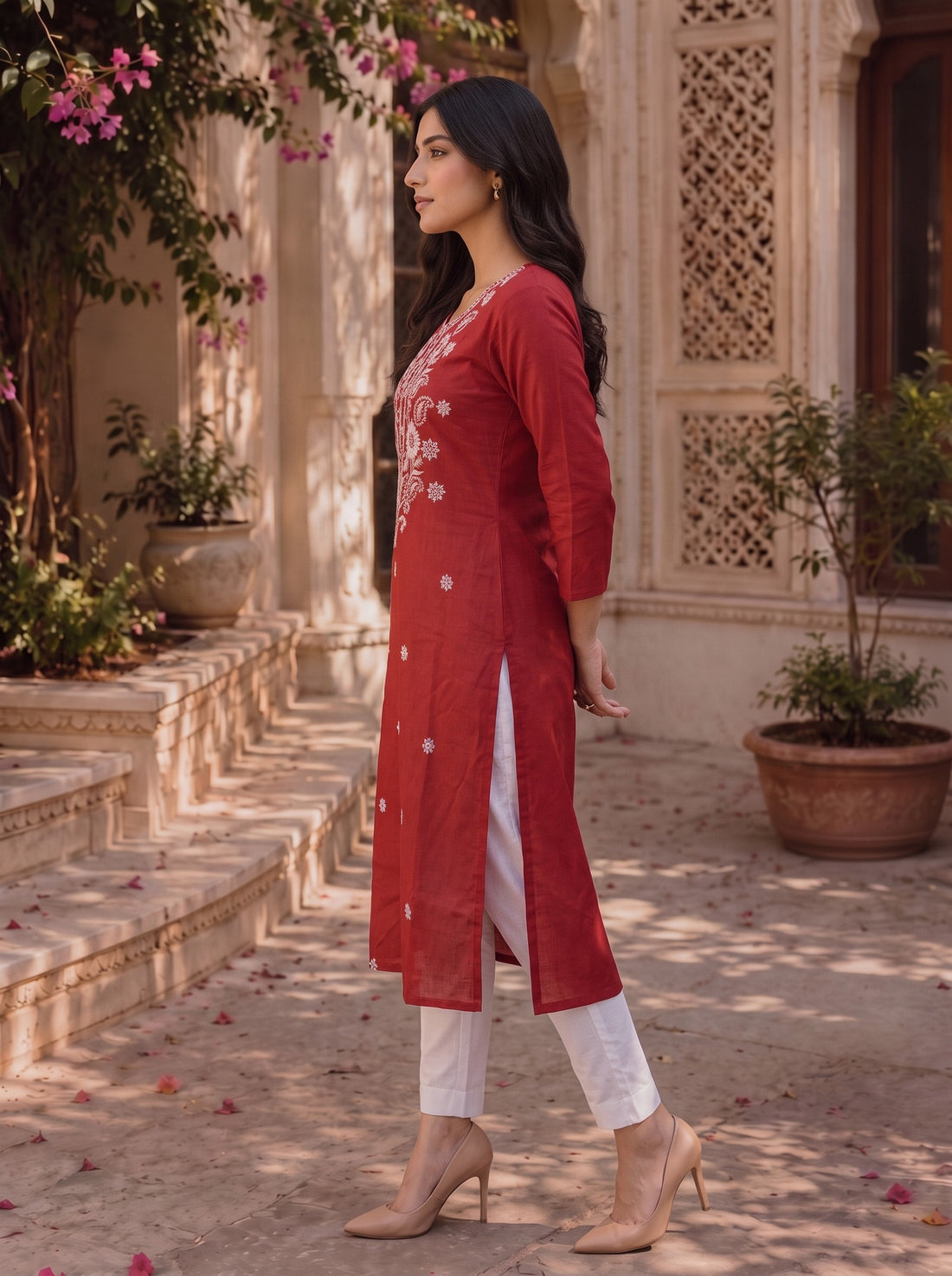 Buy Rayon Embroidered Straight Knee Length Kurta-Maroon