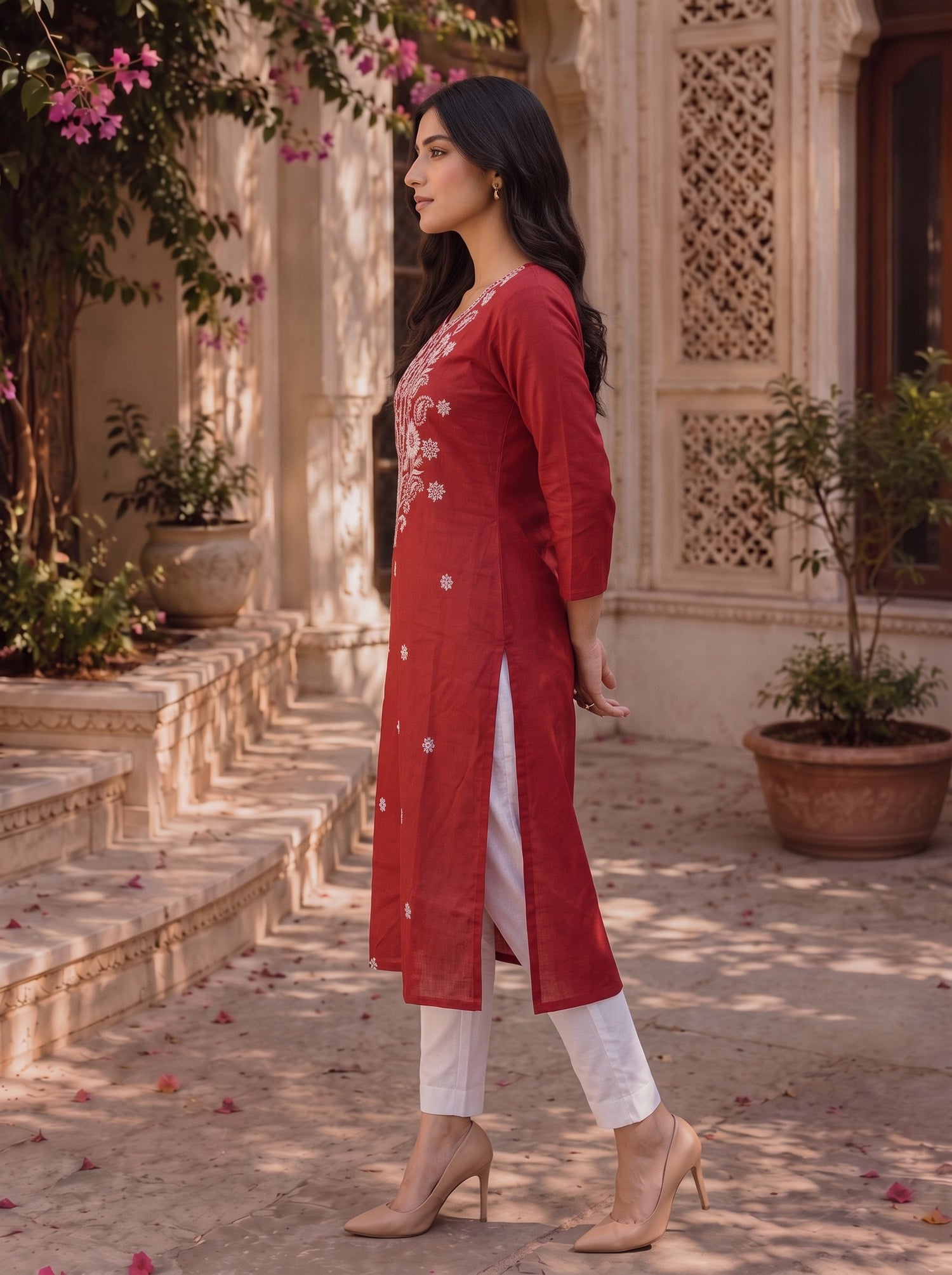 Buy Rayon Embroidered Straight Knee Length Kurta-Maroon