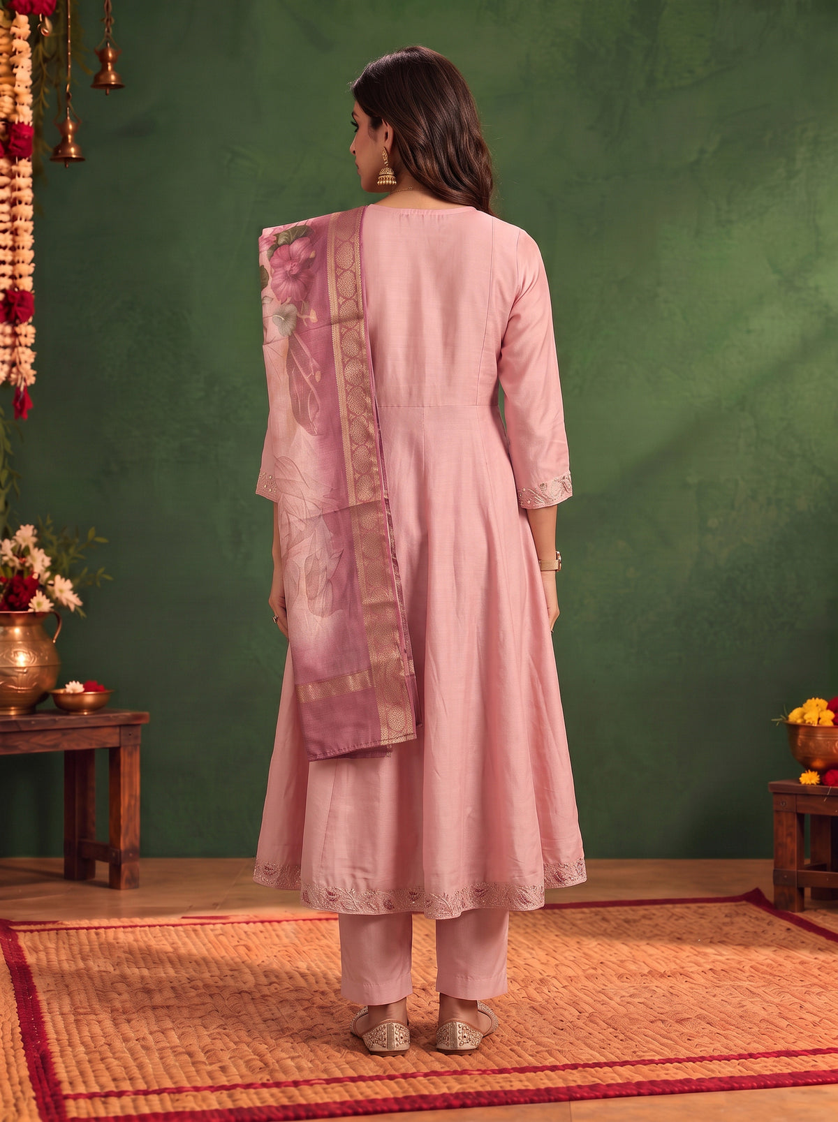Viscose Embroidered Flared Calf Length Kurta With Pant and Dupatta