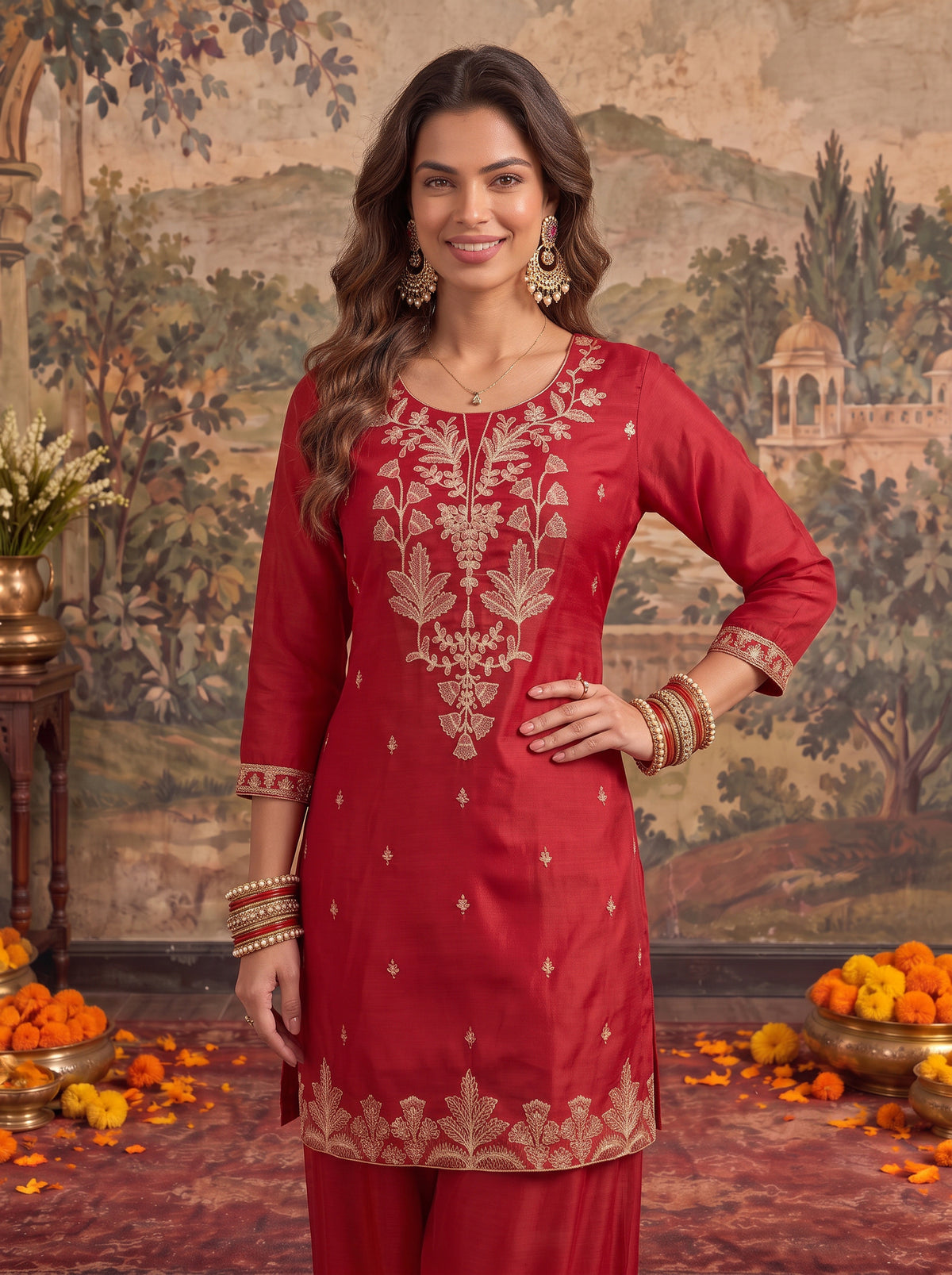 Buy Viscose Embroidered Straight Thigh Length Kurta With Pant and Dupatta-Red