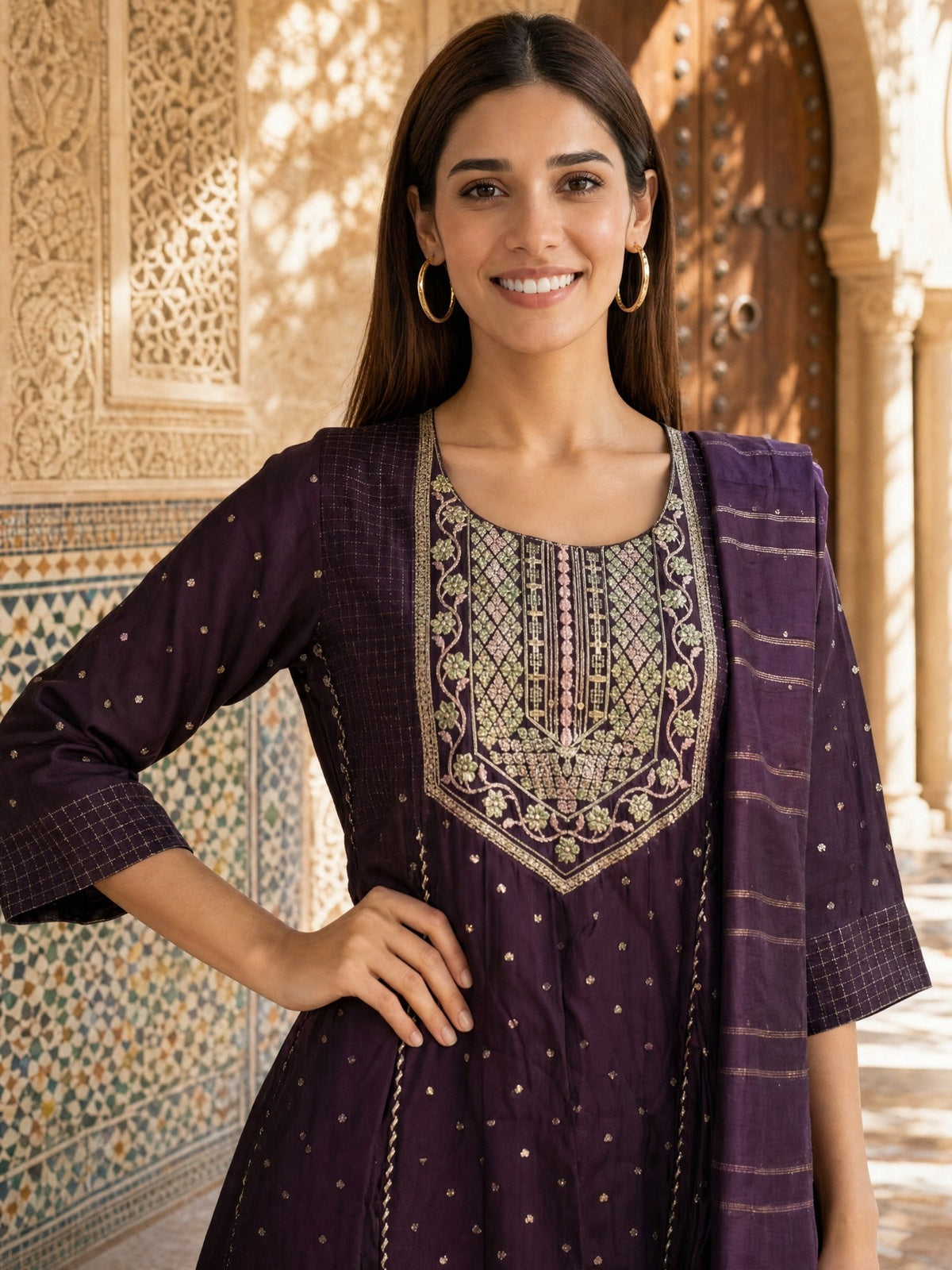 Buy Viscose Embroidered Anarkali Calf Length Kurta With Pant and Dupatta-Wine