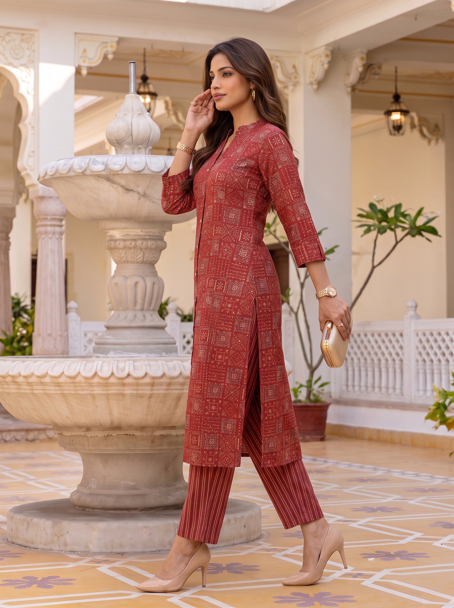 Viscose Printed A-Line Calf Length Kurta With Pant