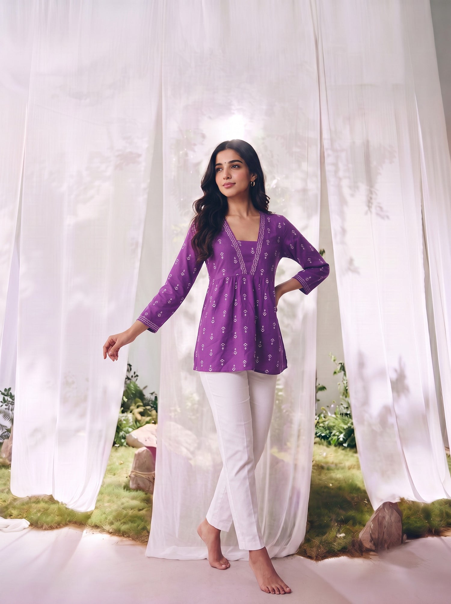 Buy Rayon Printed Straight Short Length Short Kurta-Purple