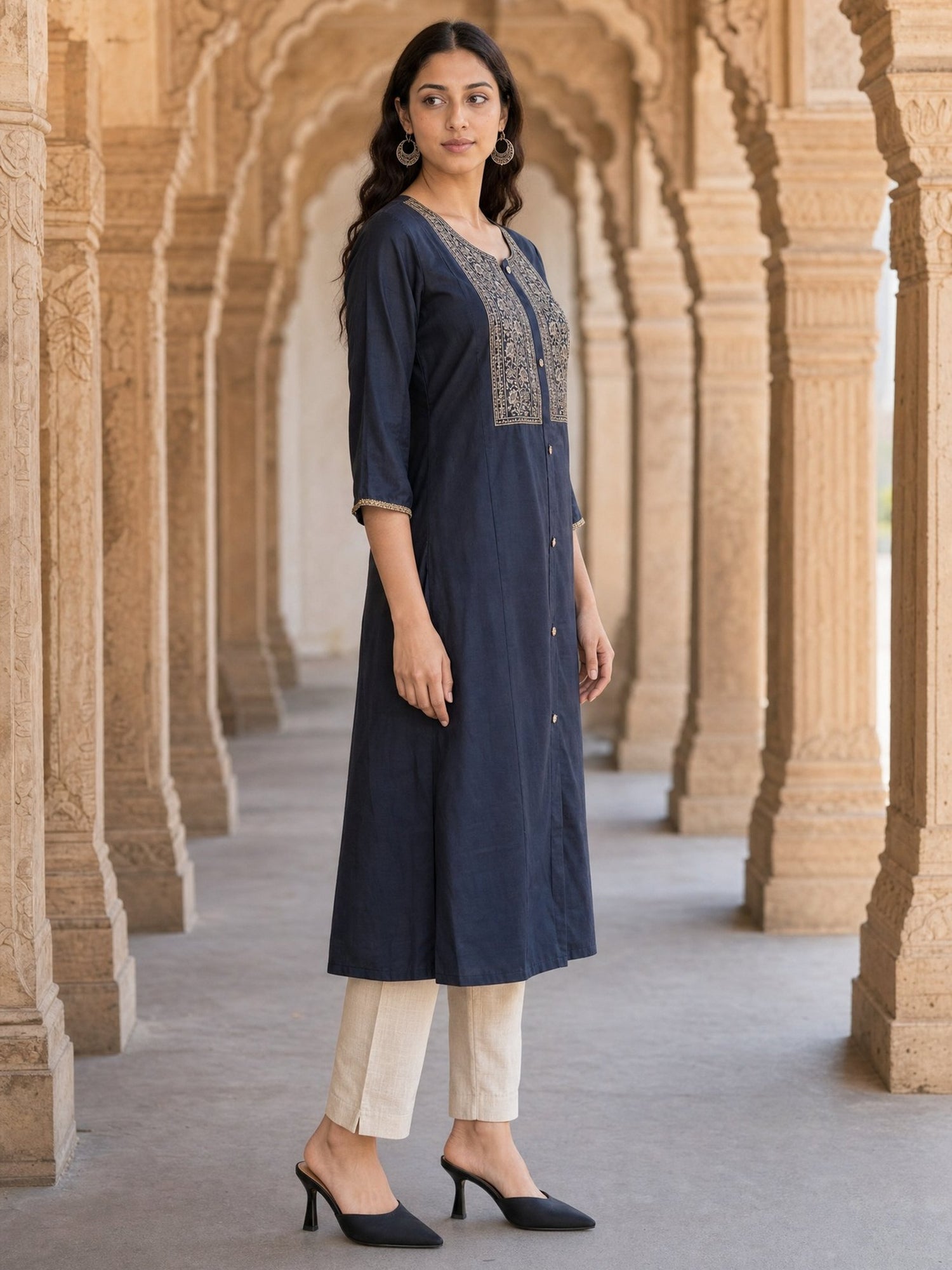Buy Viscose Embroidered A-Line Calf Length Kurta-Blue