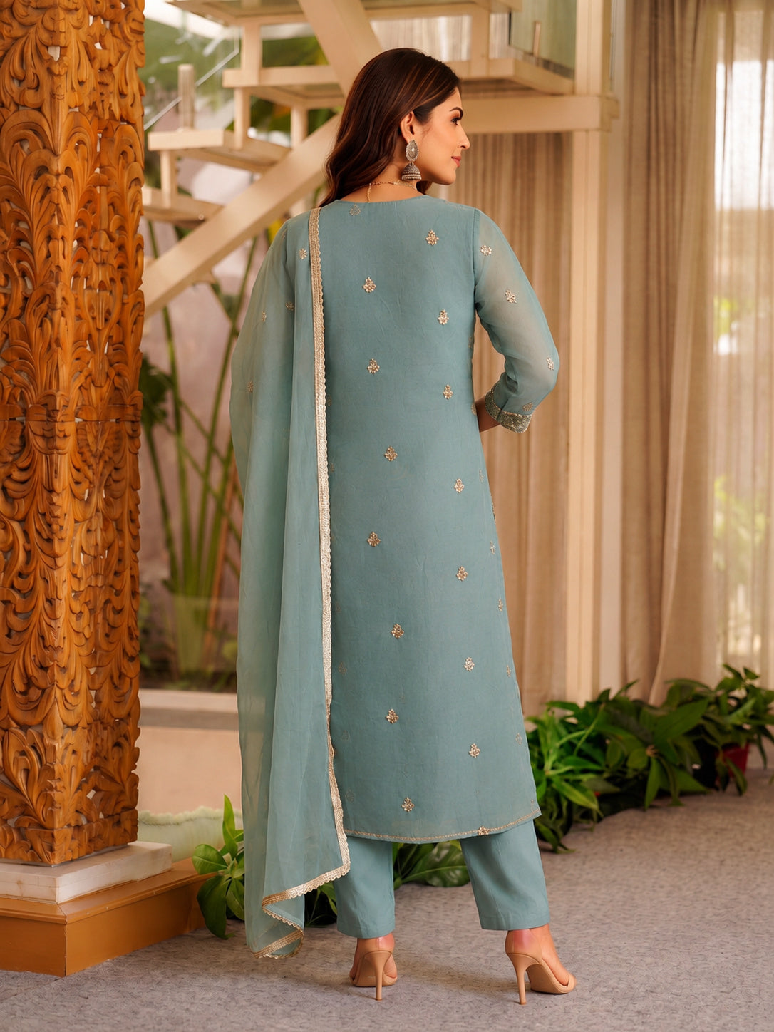 Rayon Embroidered Flared Calf Length Kurta With Pant and Dupatta
