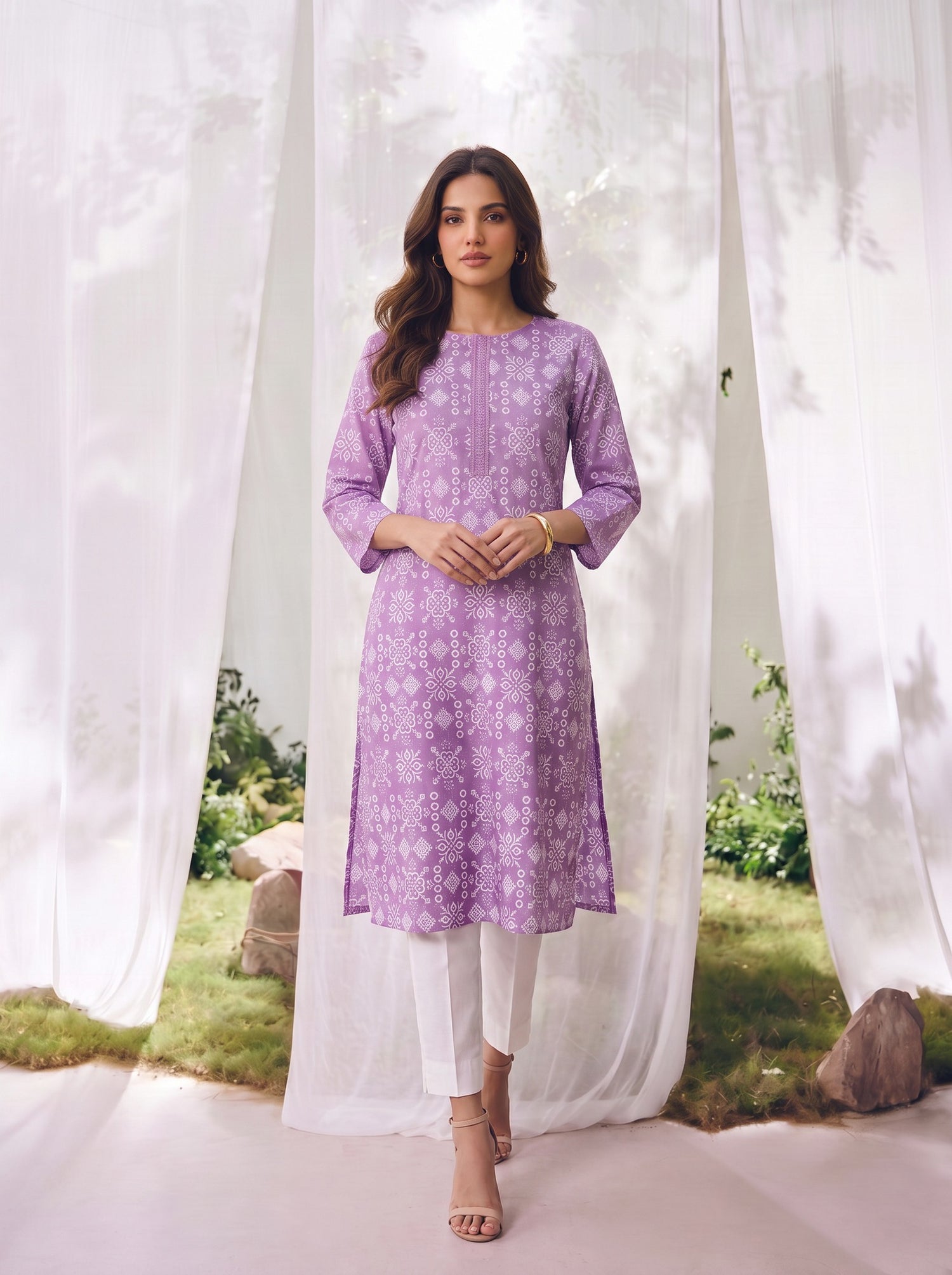 Buy Cotton Embroidered Straight Knee Length Kurta-Purple