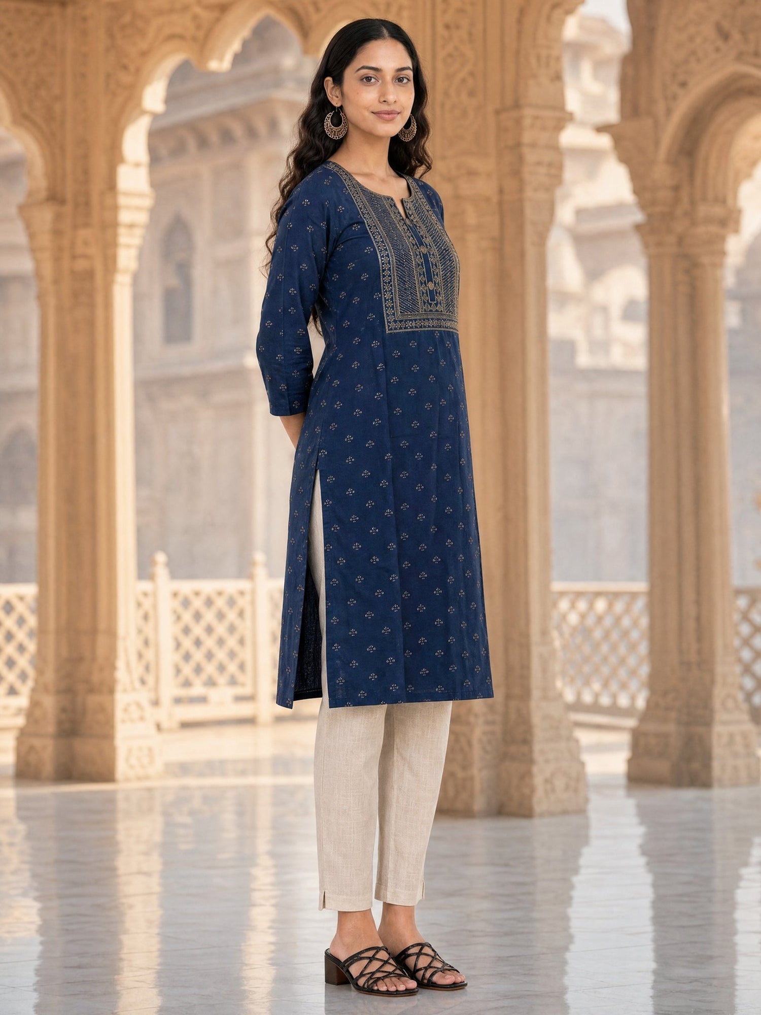 Buy Rayon Embroidered Straight Calf Length Kurta-Navy Blue