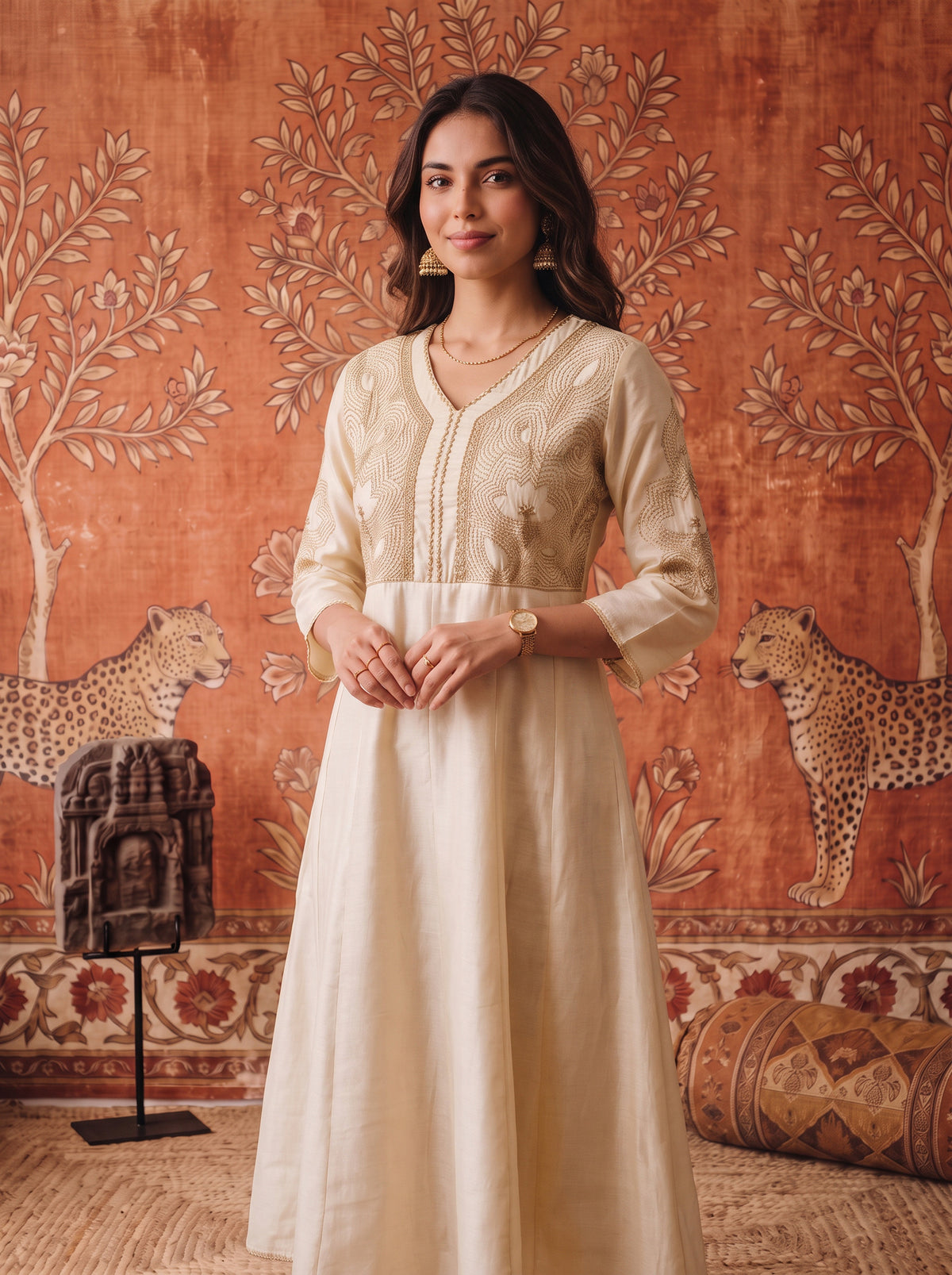Buy Viscose Embroidered Flared Calf Length Kurta-Off White