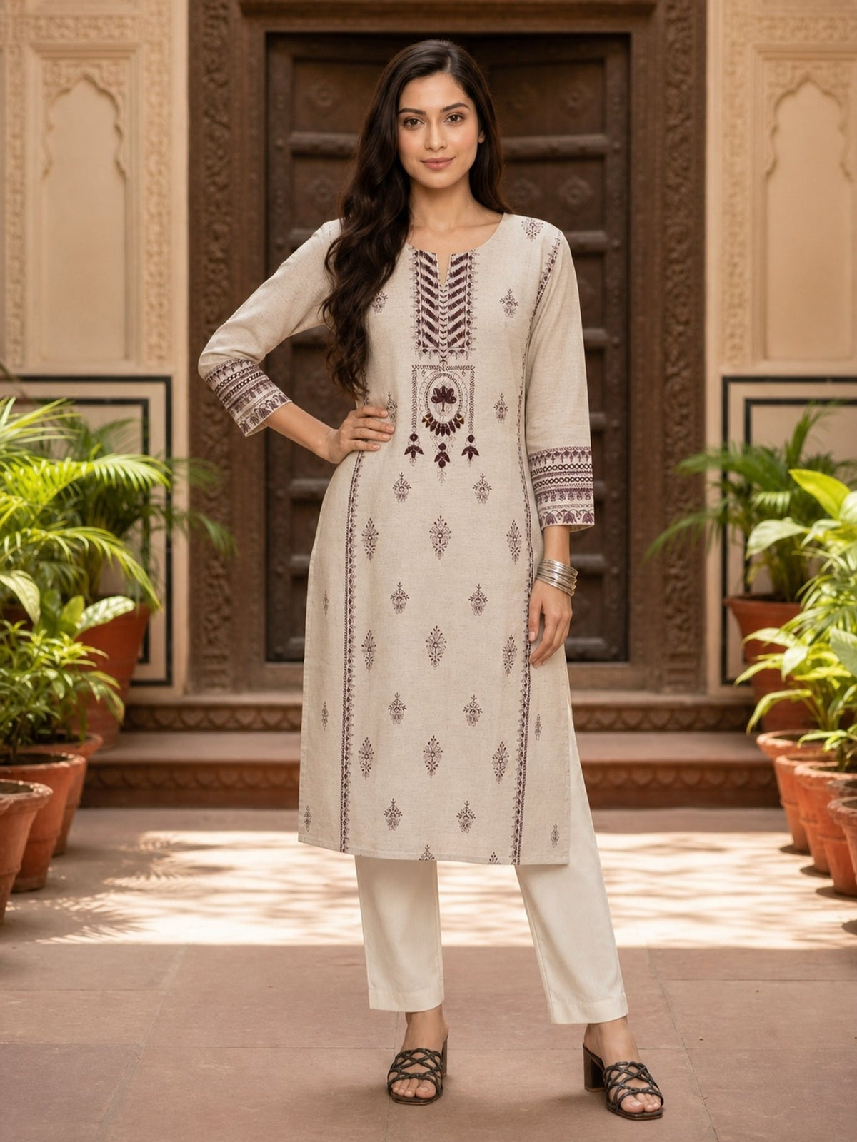 Cotton Embroidered Straight Calf Length Kurta