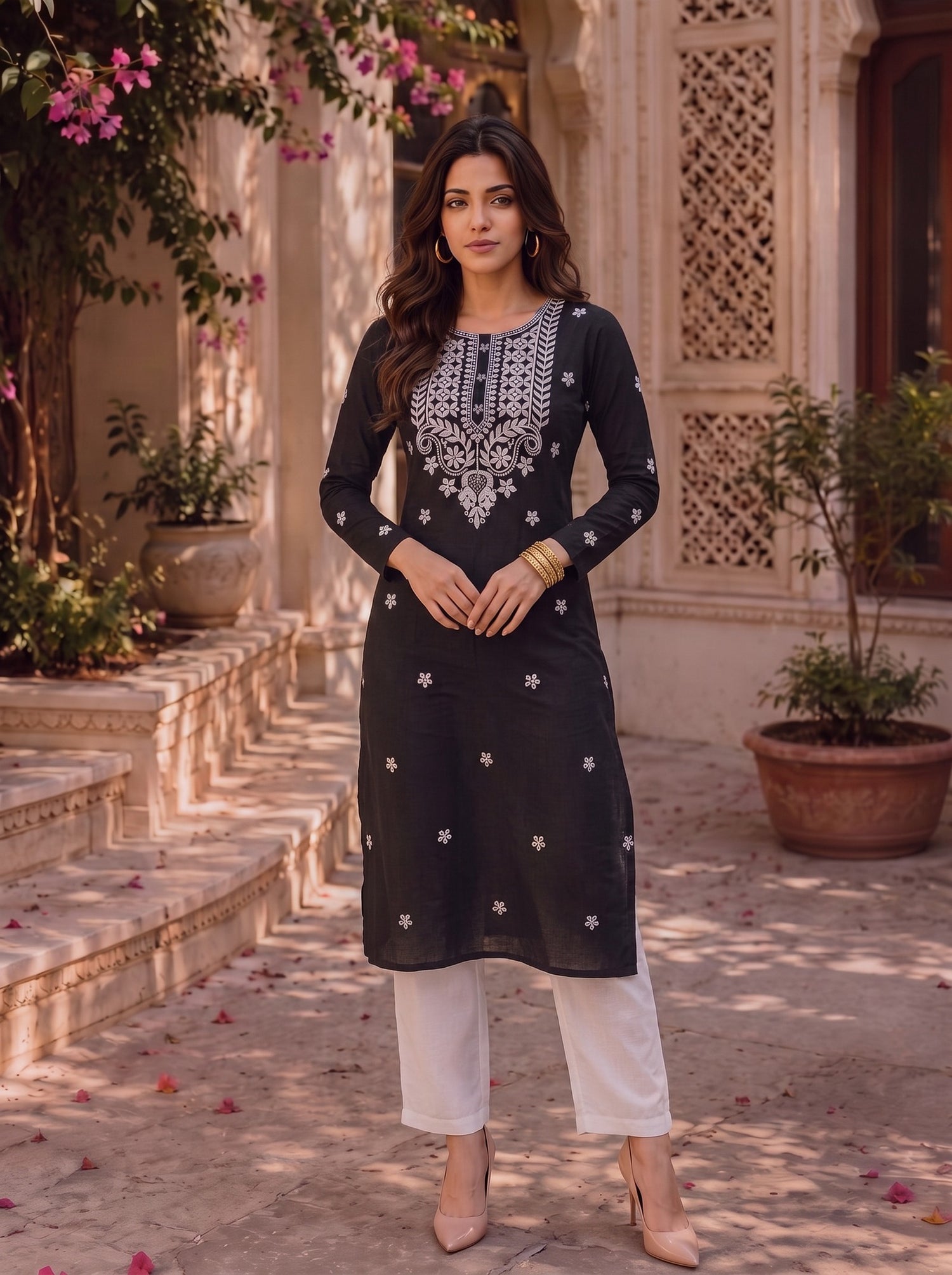 Buy Rayon Embroidered Straight Knee Length Kurta-Black