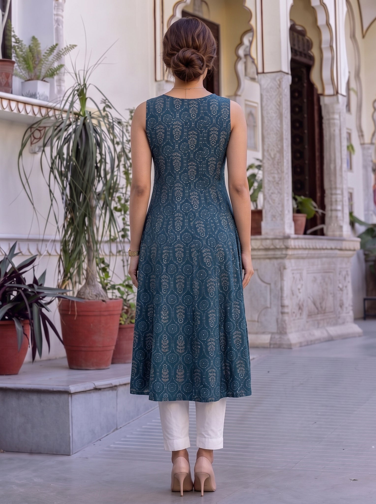 Chanderi Embroidered Flared Calf Length Kurta