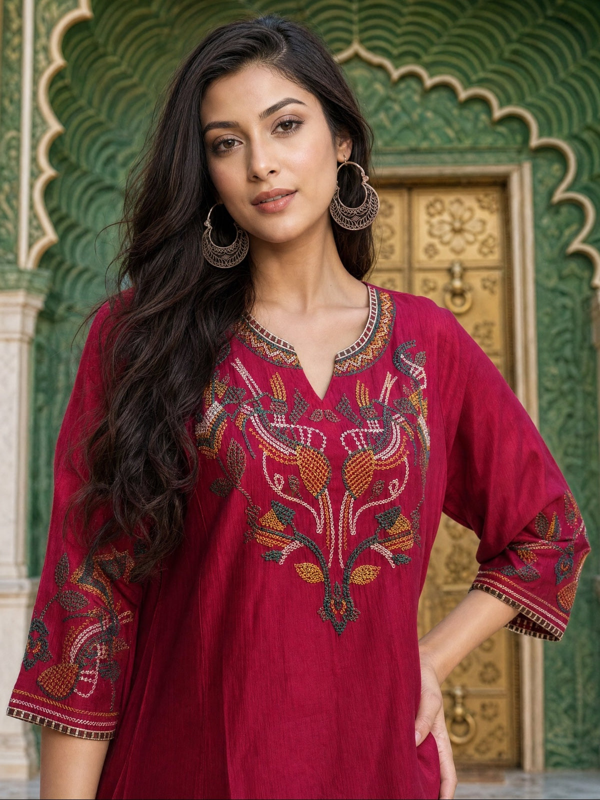 Viscose Embroidered Anarkali Calf Length Kurta With Pant
