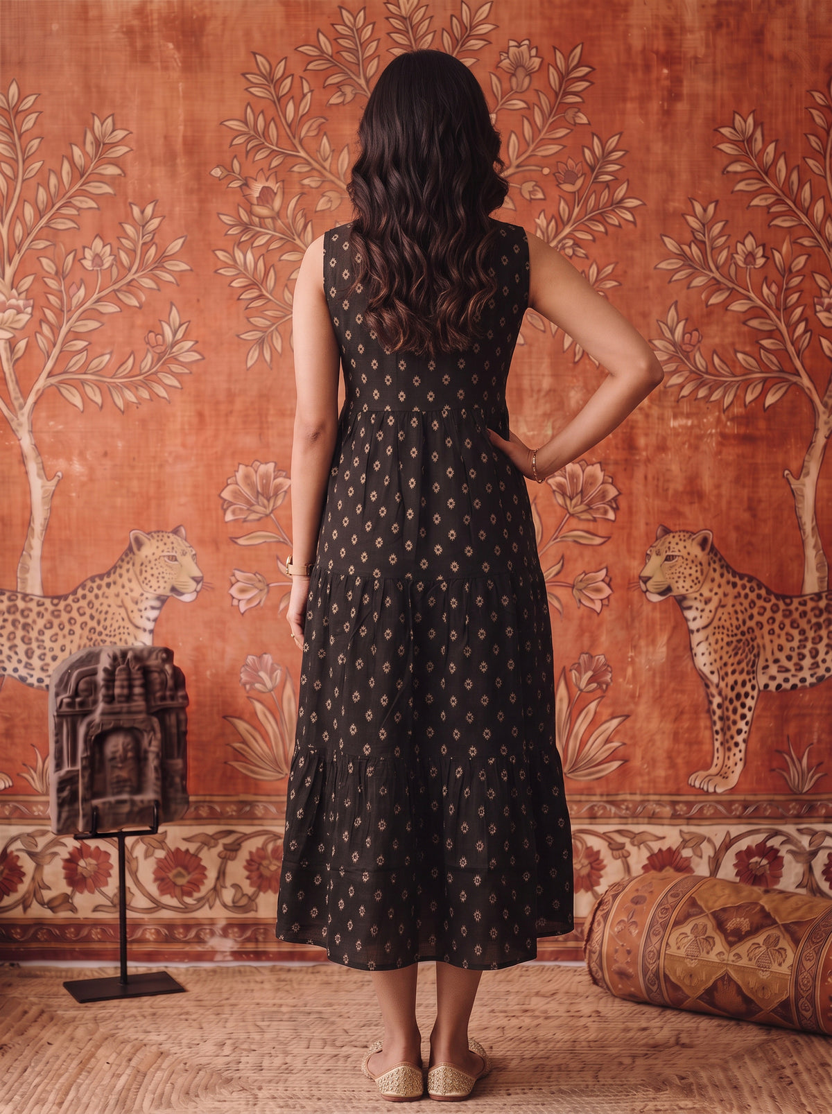 Buy Rayon Embroidered Flared Calf Length Dress-Black