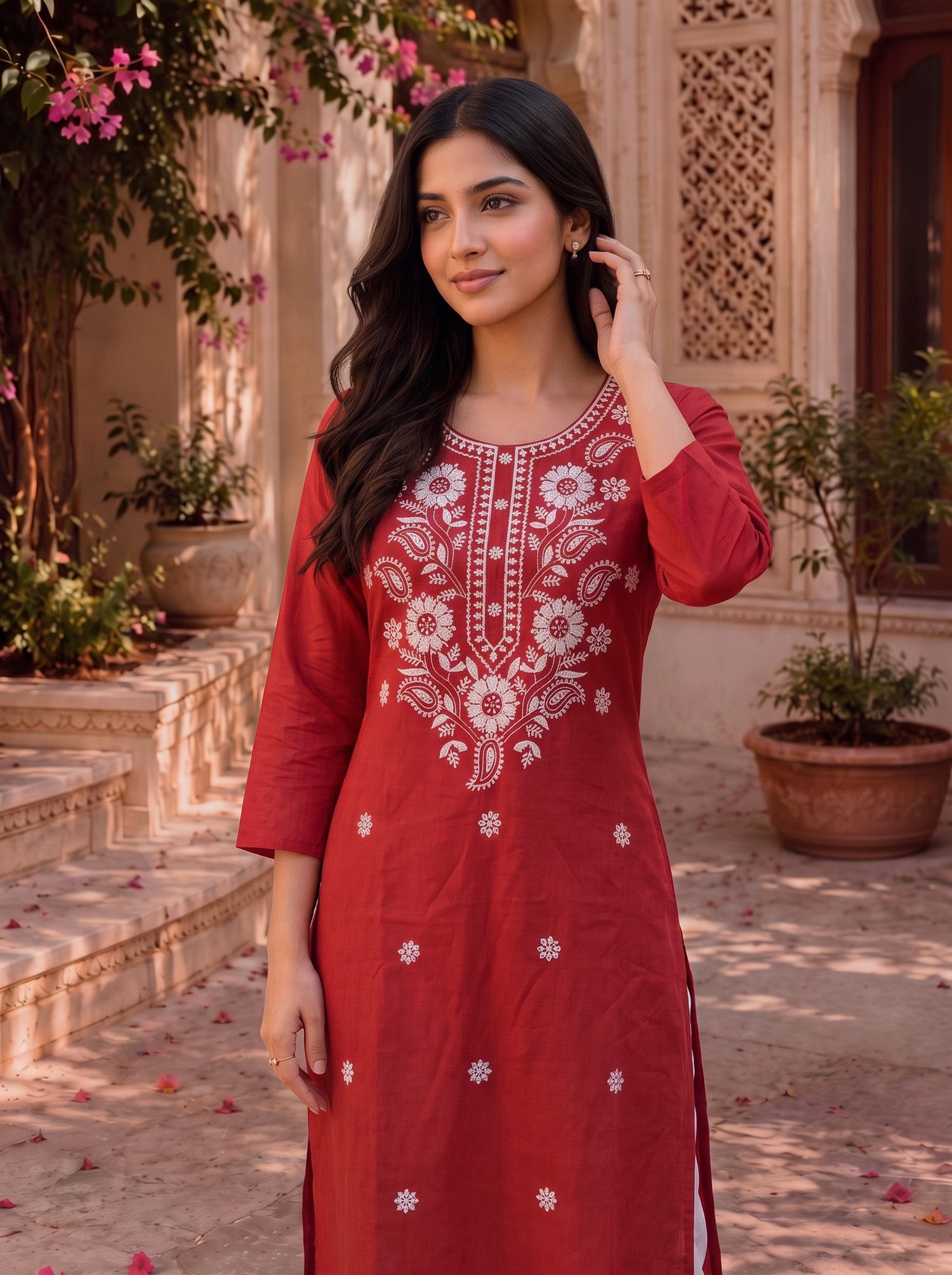 Buy Rayon Embroidered Straight Knee Length Kurta-Maroon