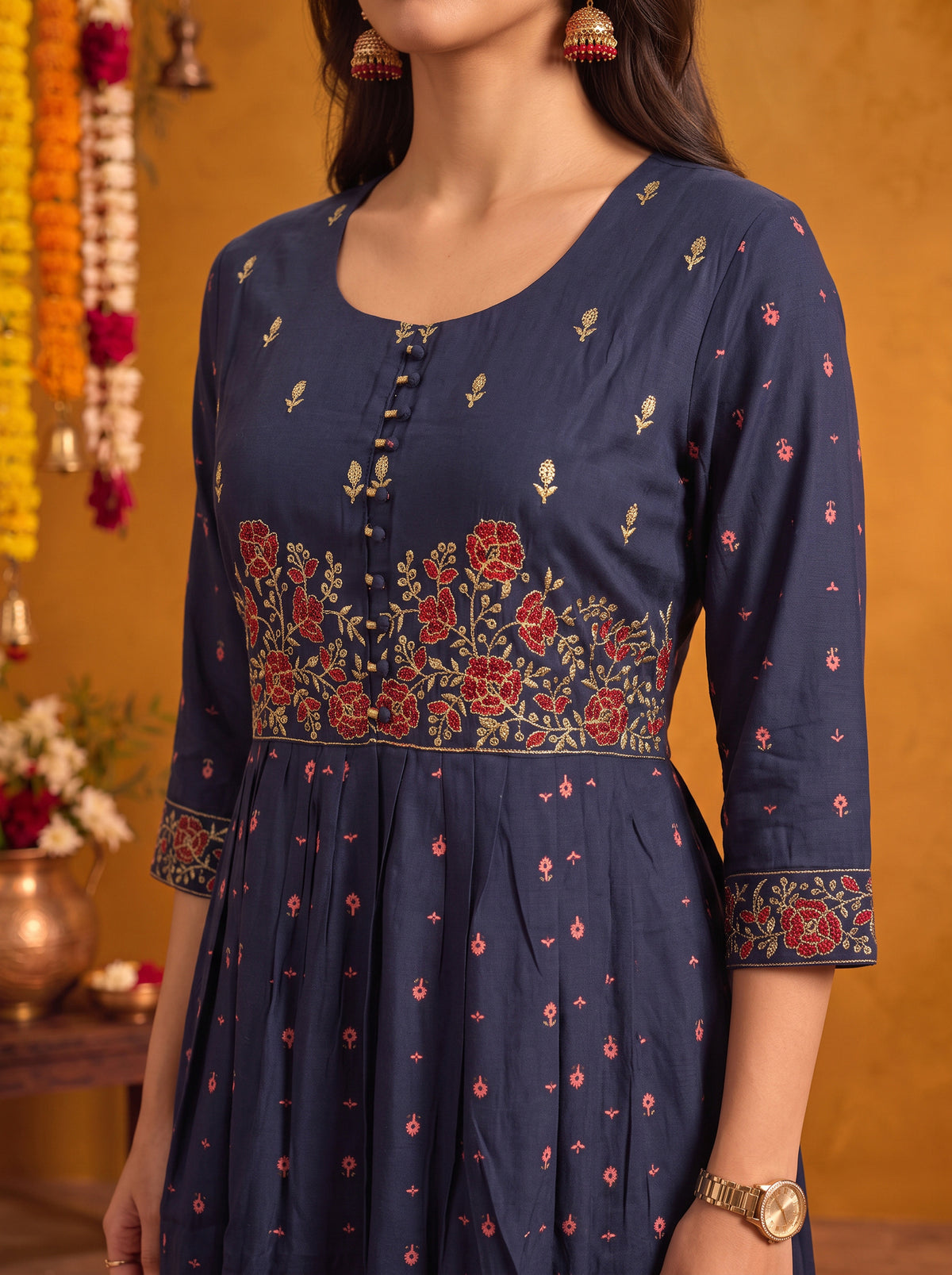 Viscose Embroidered Flared Calf Length Kurta