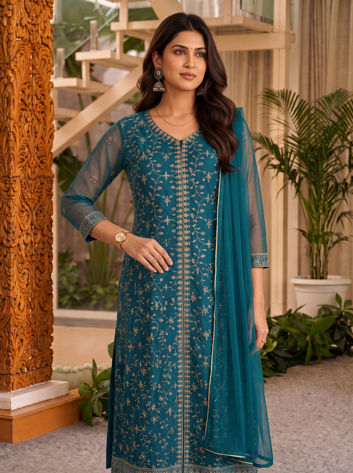 Rayon Embroidered Flared Calf Length Kurta With Pant and Dupatta