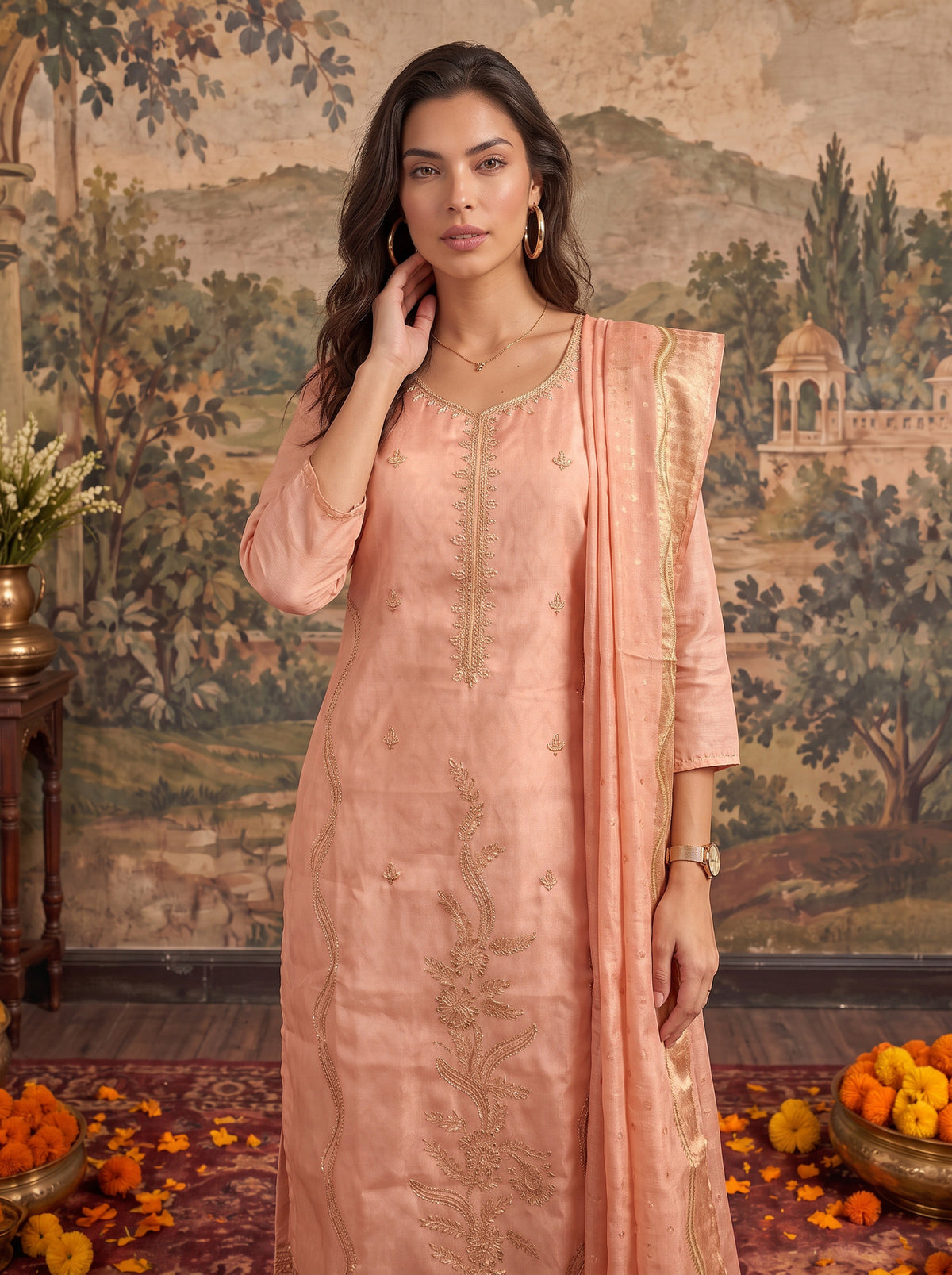Viscose Embroidered Straight Calf Length Kurta With Pant and Dupatta