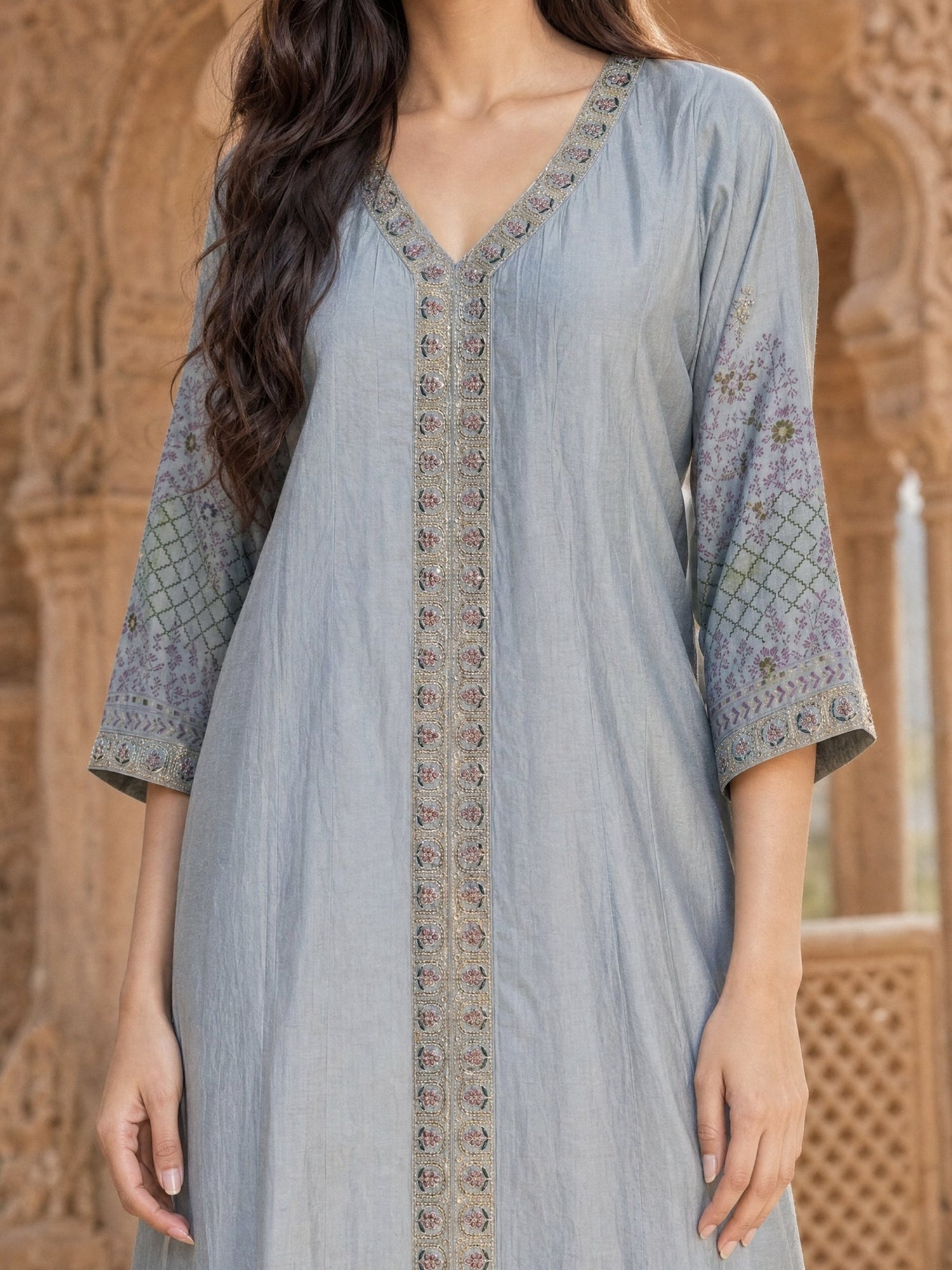 Buy Viscose Embroidered Flared Calf Length Kurta-Blue