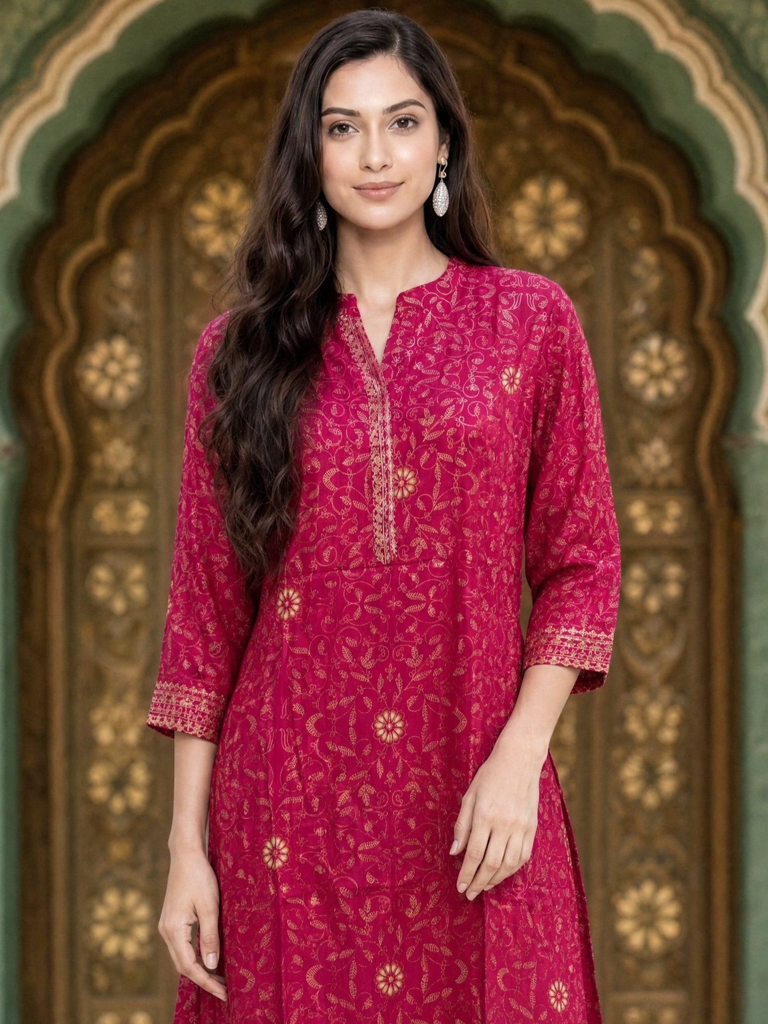Buy Rayon Printed Straight Knee Length Kurta-Red