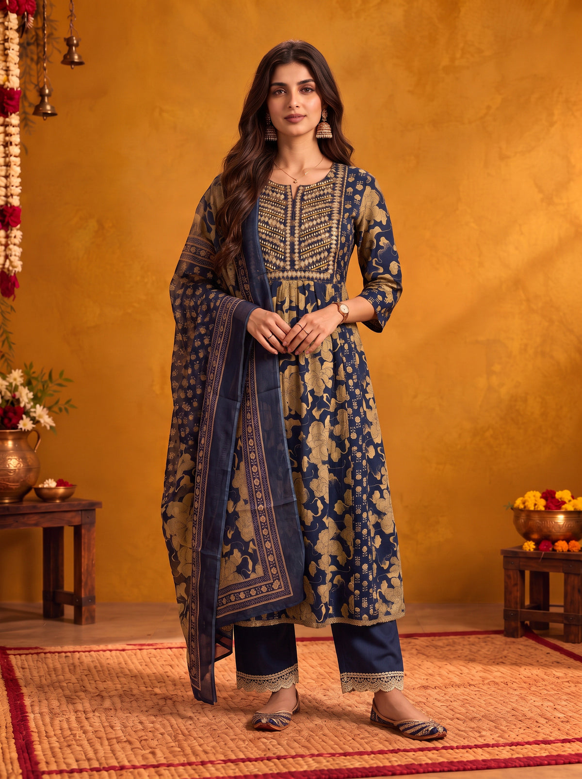 Cotton Embroidered Flared Calf Length Kurta With Pant and Dupatta
