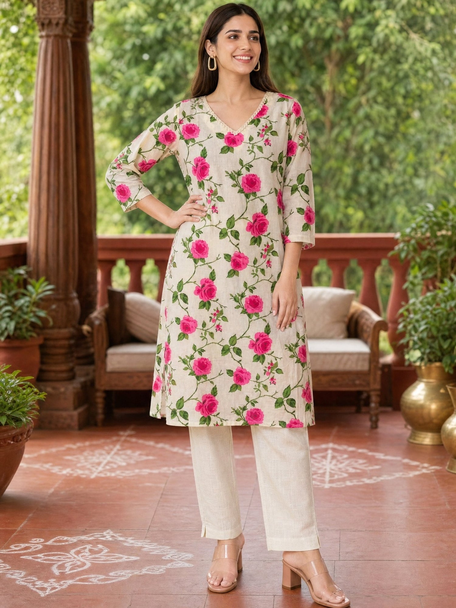 Buy Cotton Printed Straight Knee Length Kurta-Off White