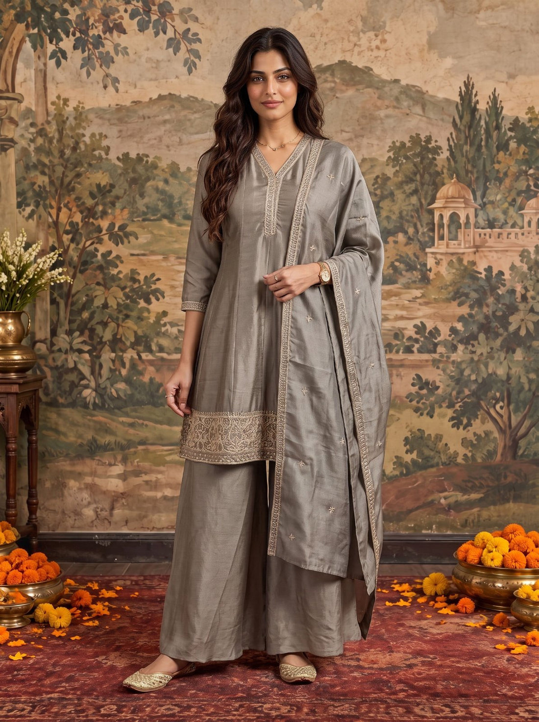 Buy Viscose Embroidered Straight Knee Length Kurta With Pant and Dupatta-Grey