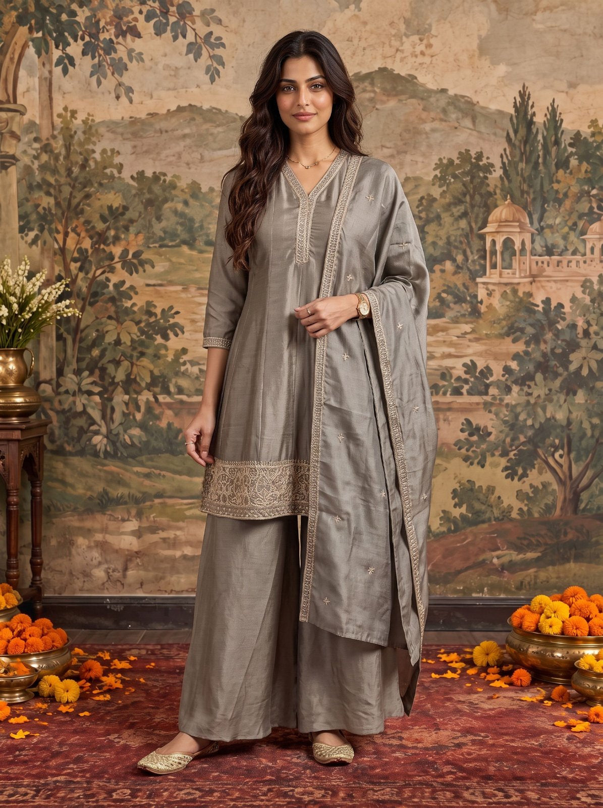 Buy Viscose Embroidered Straight Knee Length Kurta With Pant and Dupatta-Grey