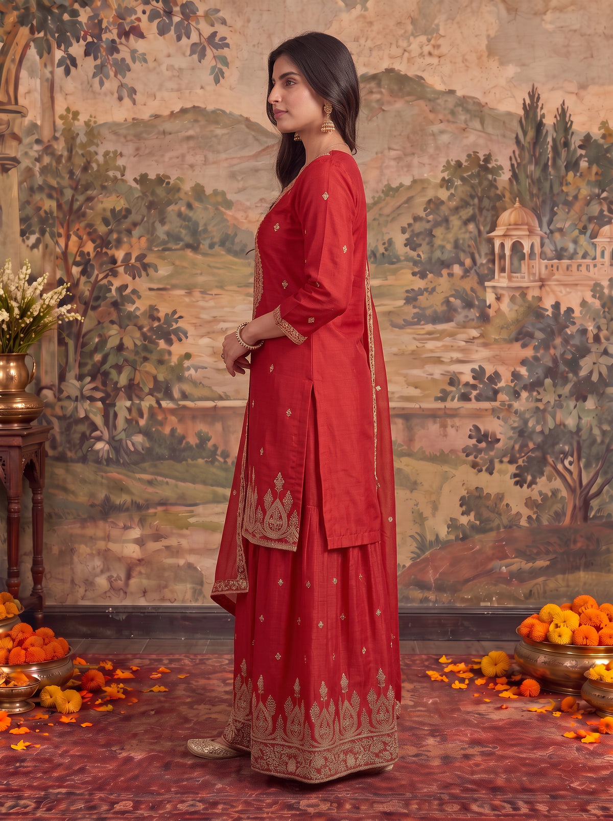 Viscose Embroidered Straight Thigh Length Kurta With Palazzo and Dupatta