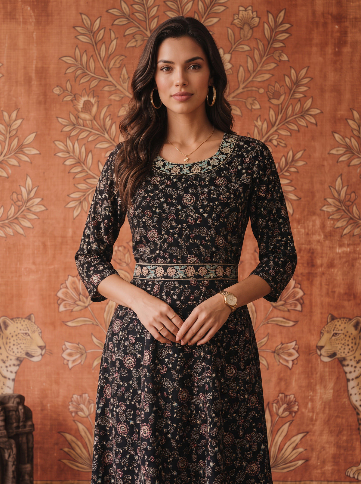 Rayon Embroidered Flared Calf Length Kurta