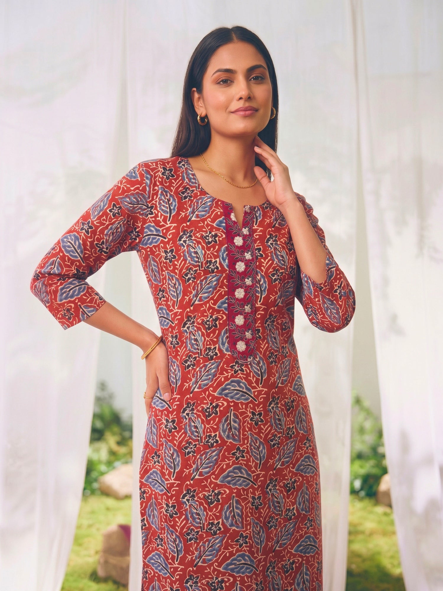 Buy Rayon Printed Straight Knee Length Kurta-Rust