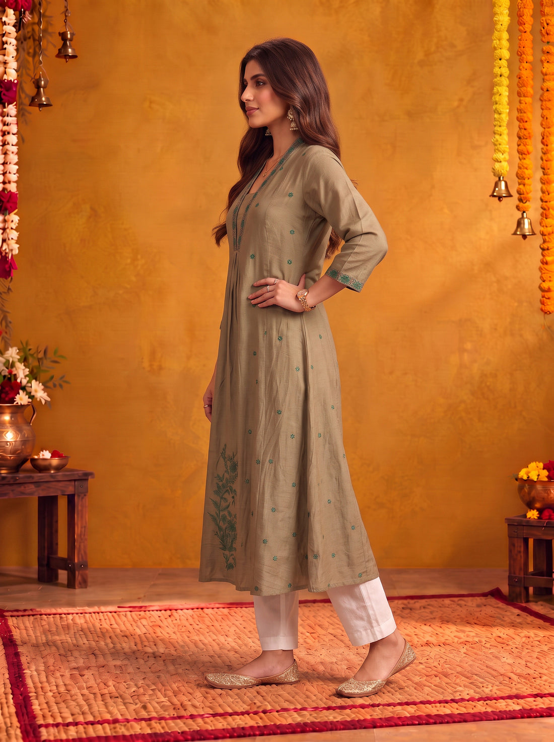 Buy Viscose Embroidered Flared Calf Length Kurta-Beige
