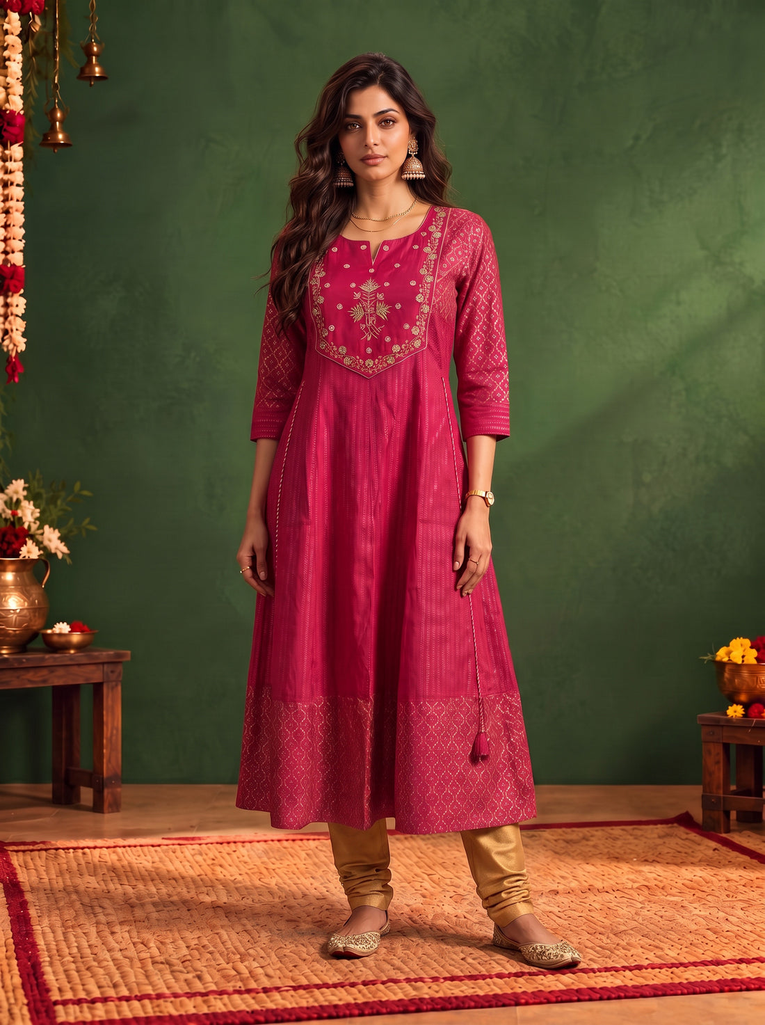 Buy Viscose Embroidered Flared Calf Length Kurta-Fuchsia