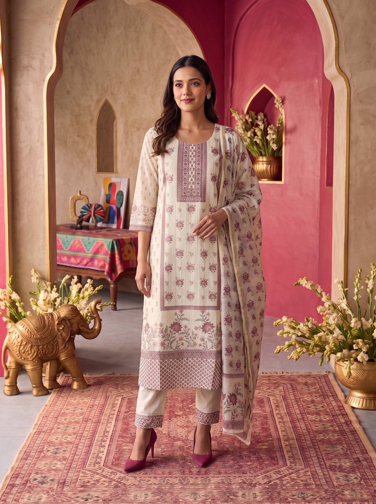 Viscose Embroidered Straight Calf Length Kurta With Pant and Dupatta