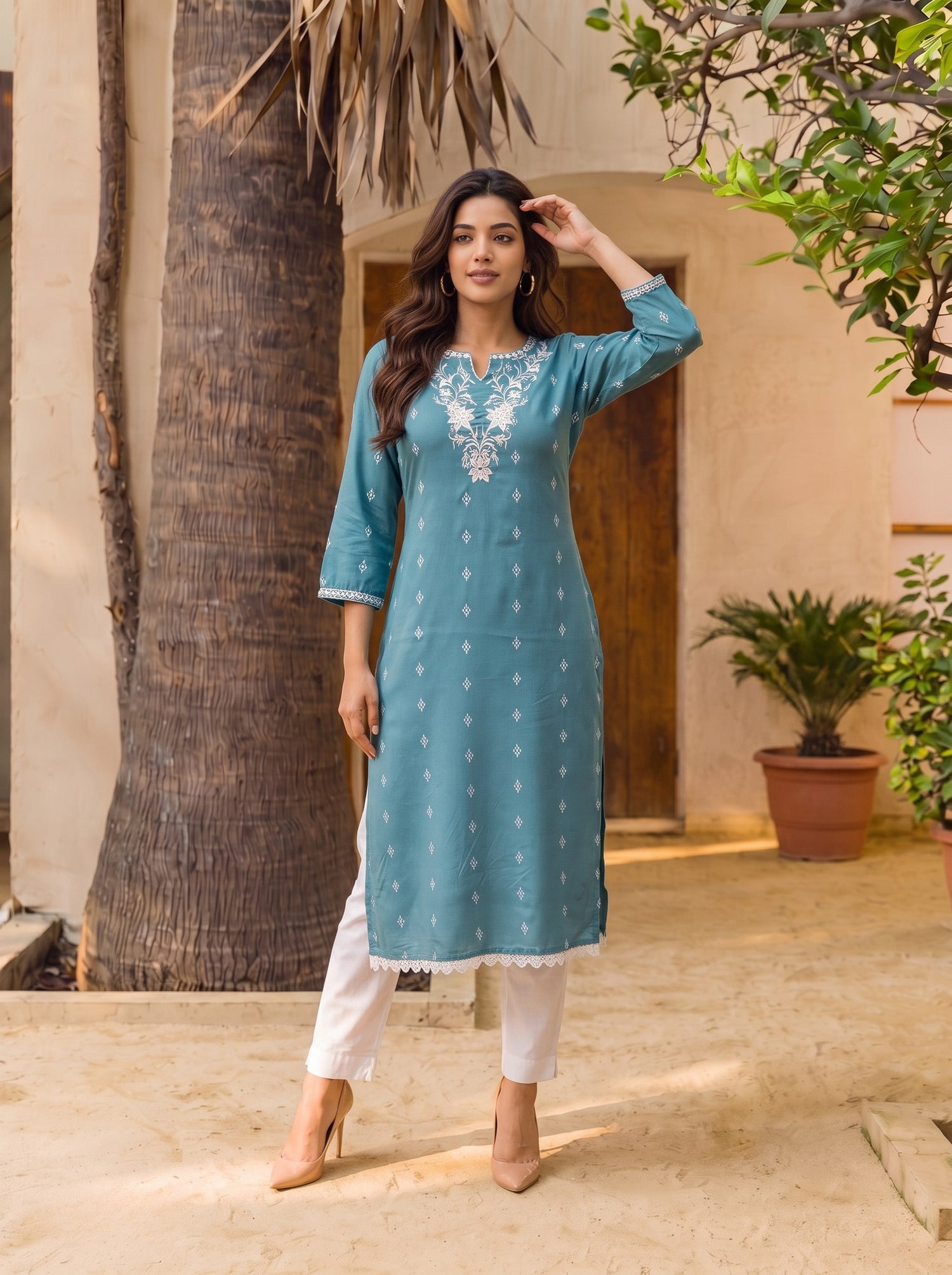 Buy Rayon Embroidered Straight Calf Length Kurta-Blue