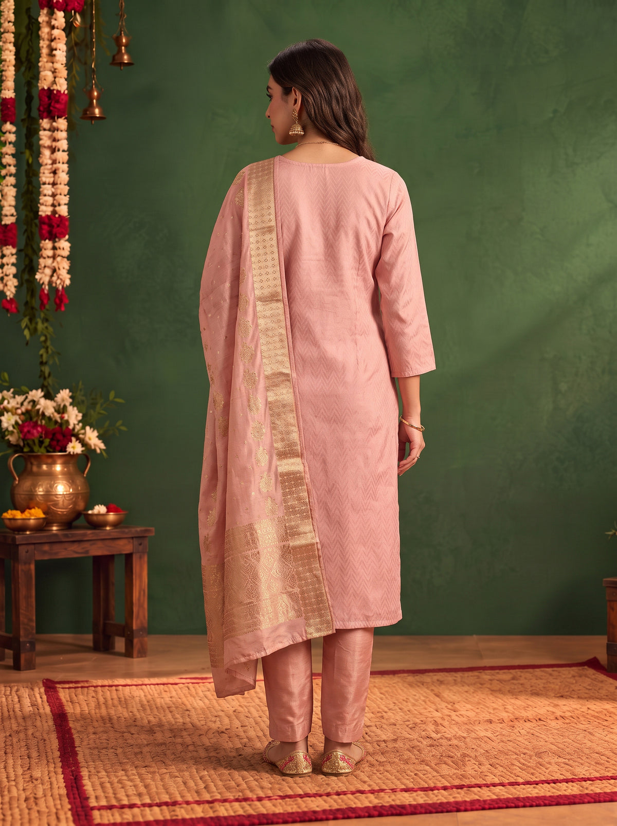 Buy Viscose Embroidered Straight Calf Length Kurta With Pant and Dupatta-Peach